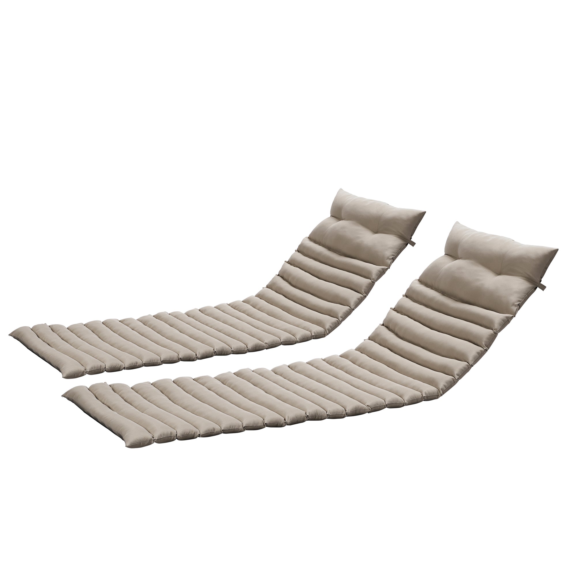 Pair of beige tufted lounge chair cushions for outdoor relaxation