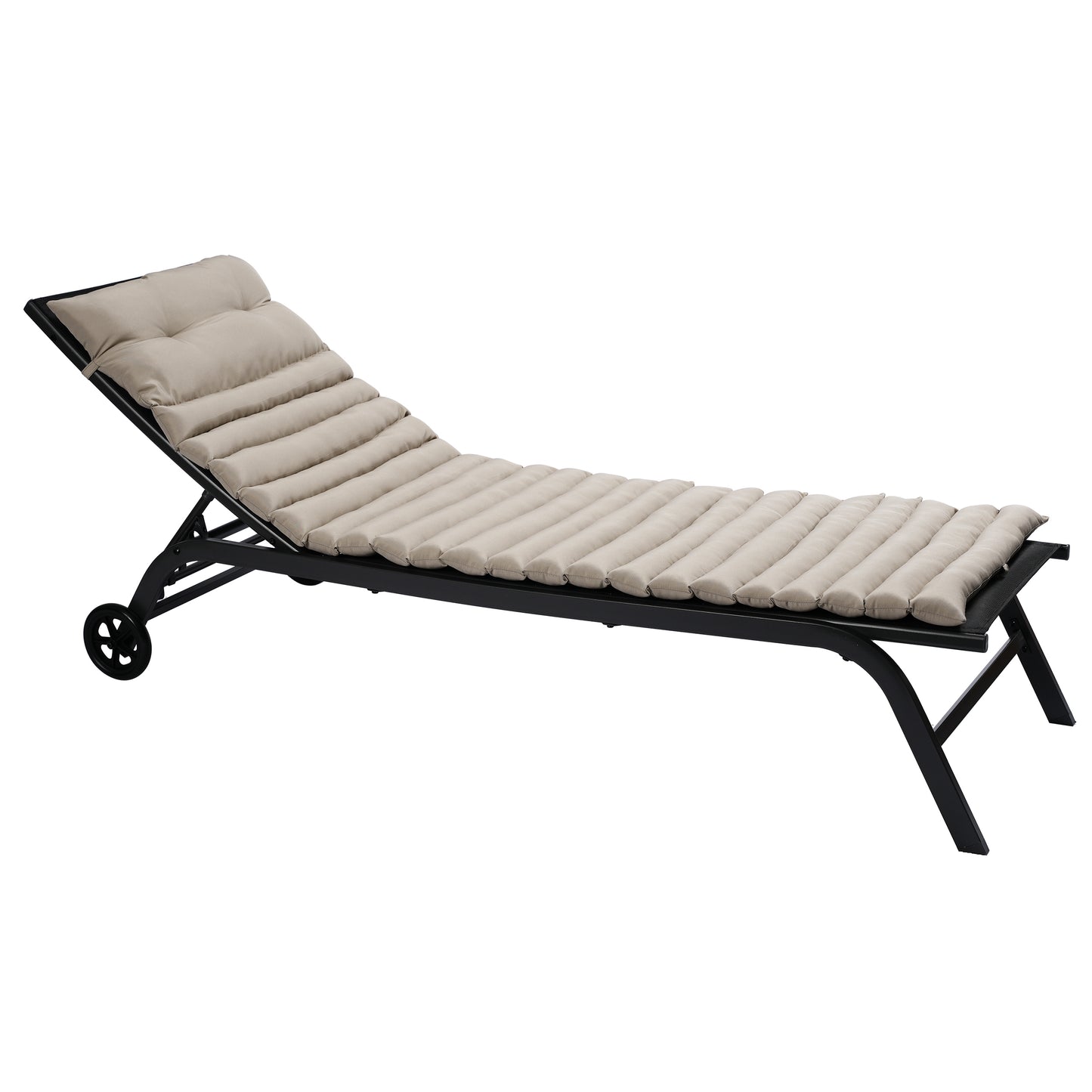 Beige padded outdoor chaise lounge with adjustable back and black metal frame