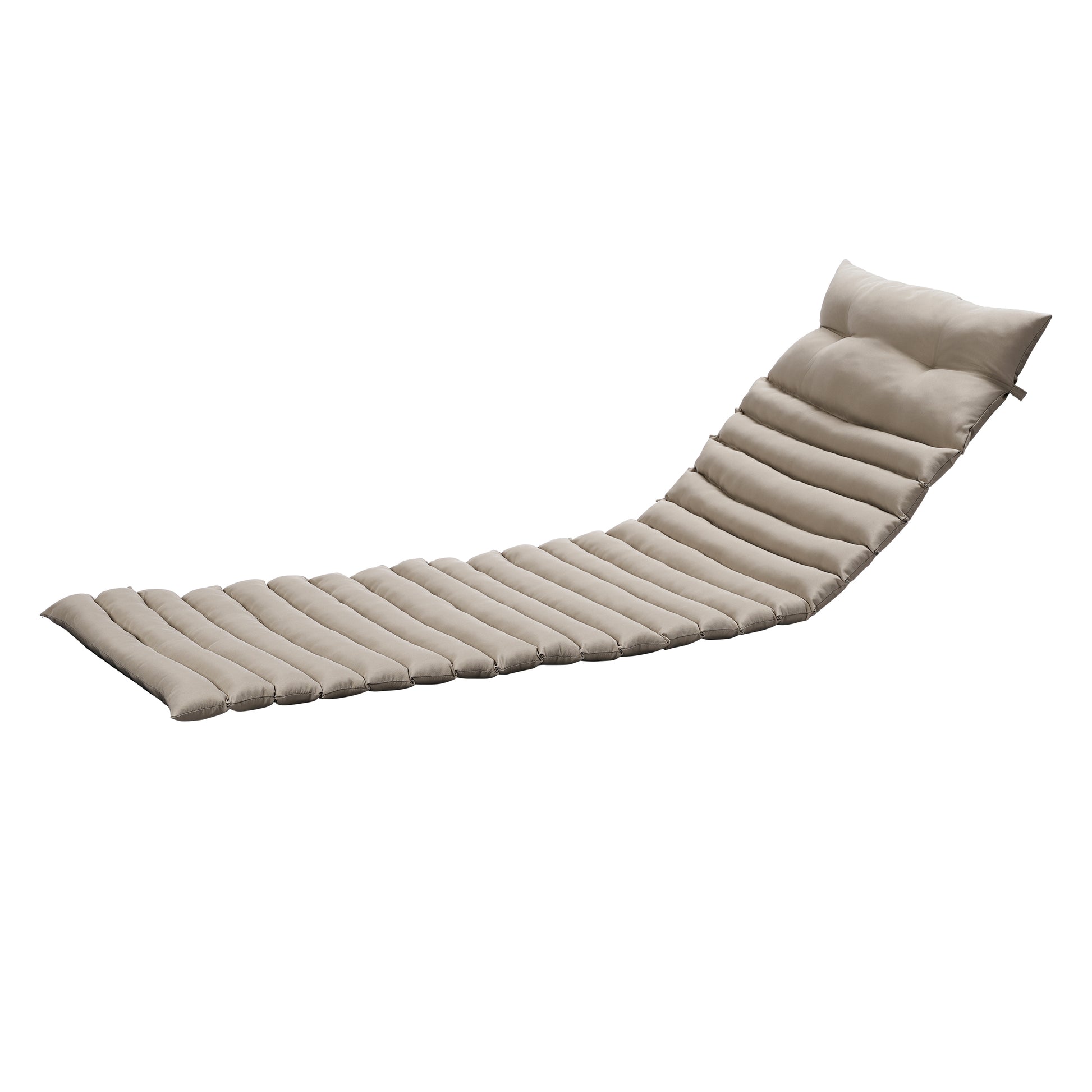 Padded tan chaise lounge cushion with tufted headrest and segmented body for outdoor seating