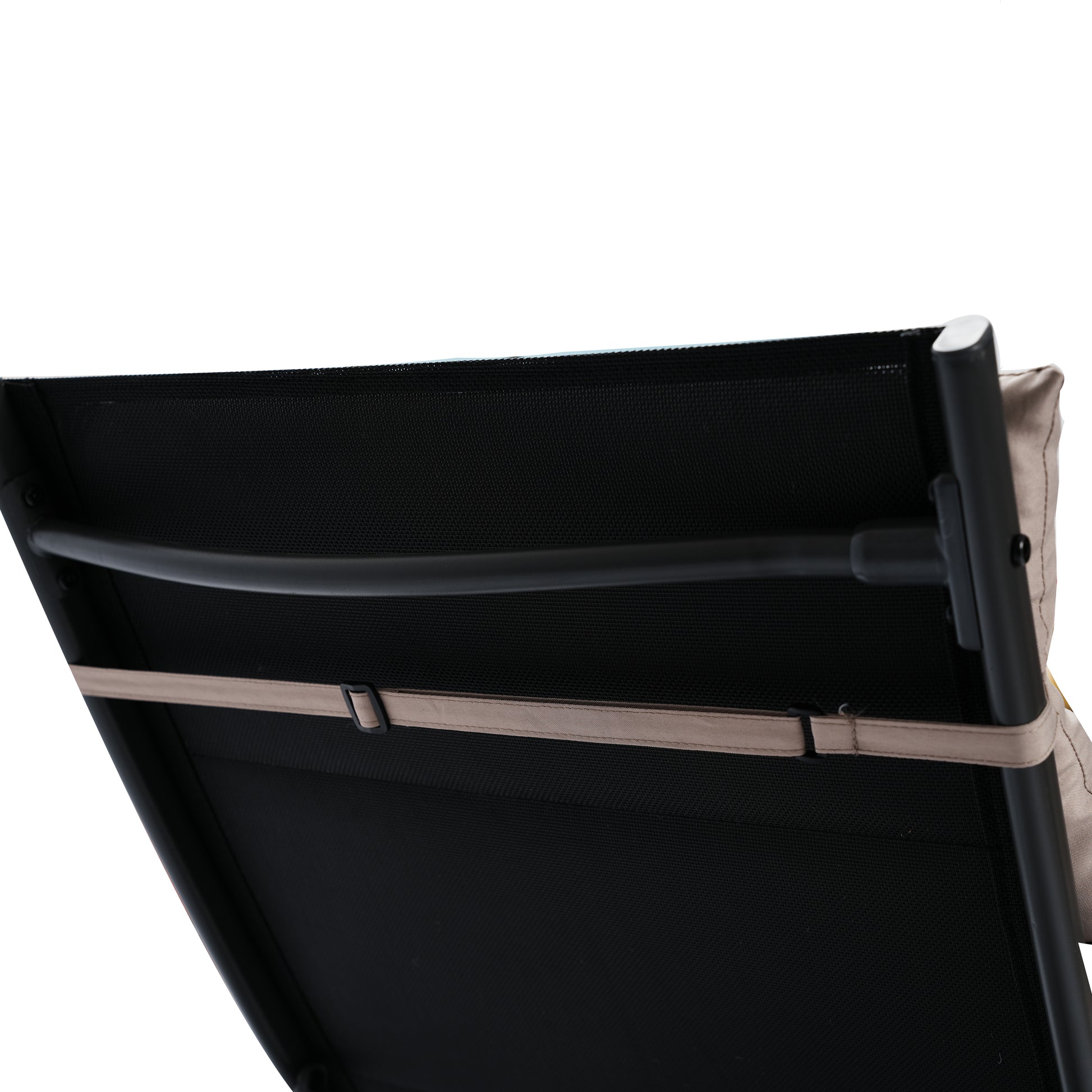 Closeup of black mesh fabric and tan strap on a reclining lounge chair frame