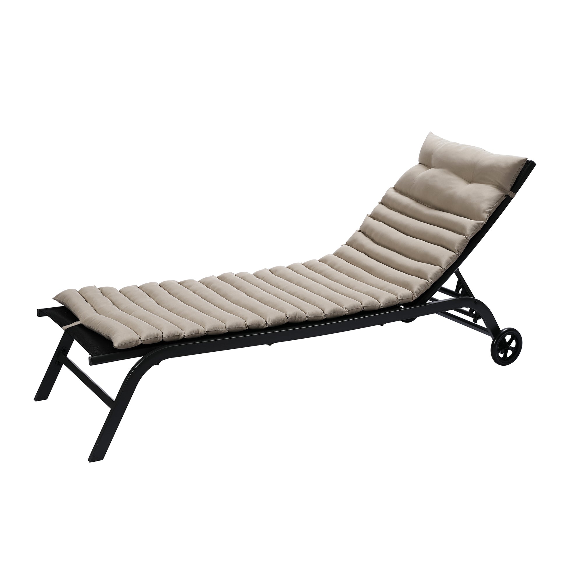 Adjustable beige padded chaise lounge with black frame and wheels for patio use