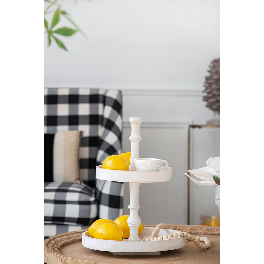 White distressed twotier tray with lemons and miniature teacup farmhouse style decor