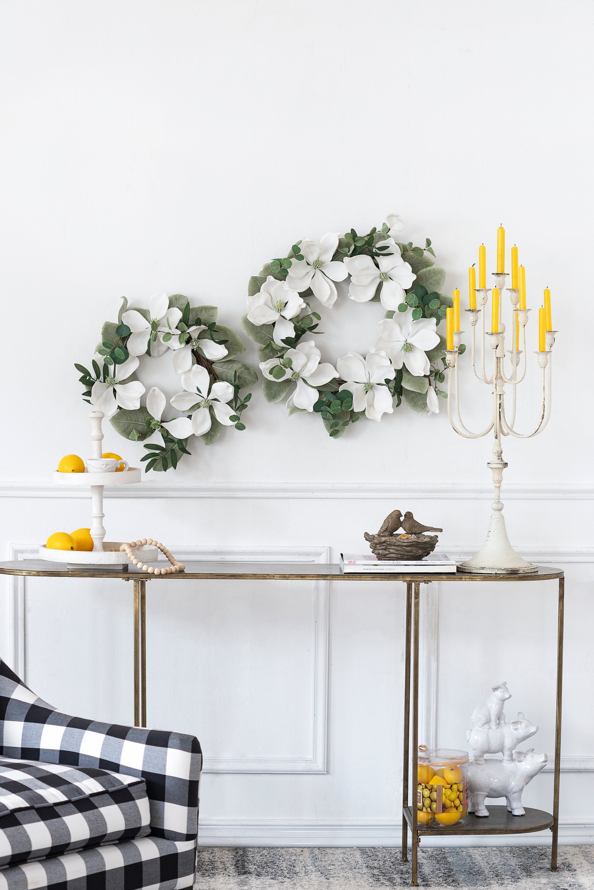 White magnolia artificial wreath with green foliage for farmhouse decor