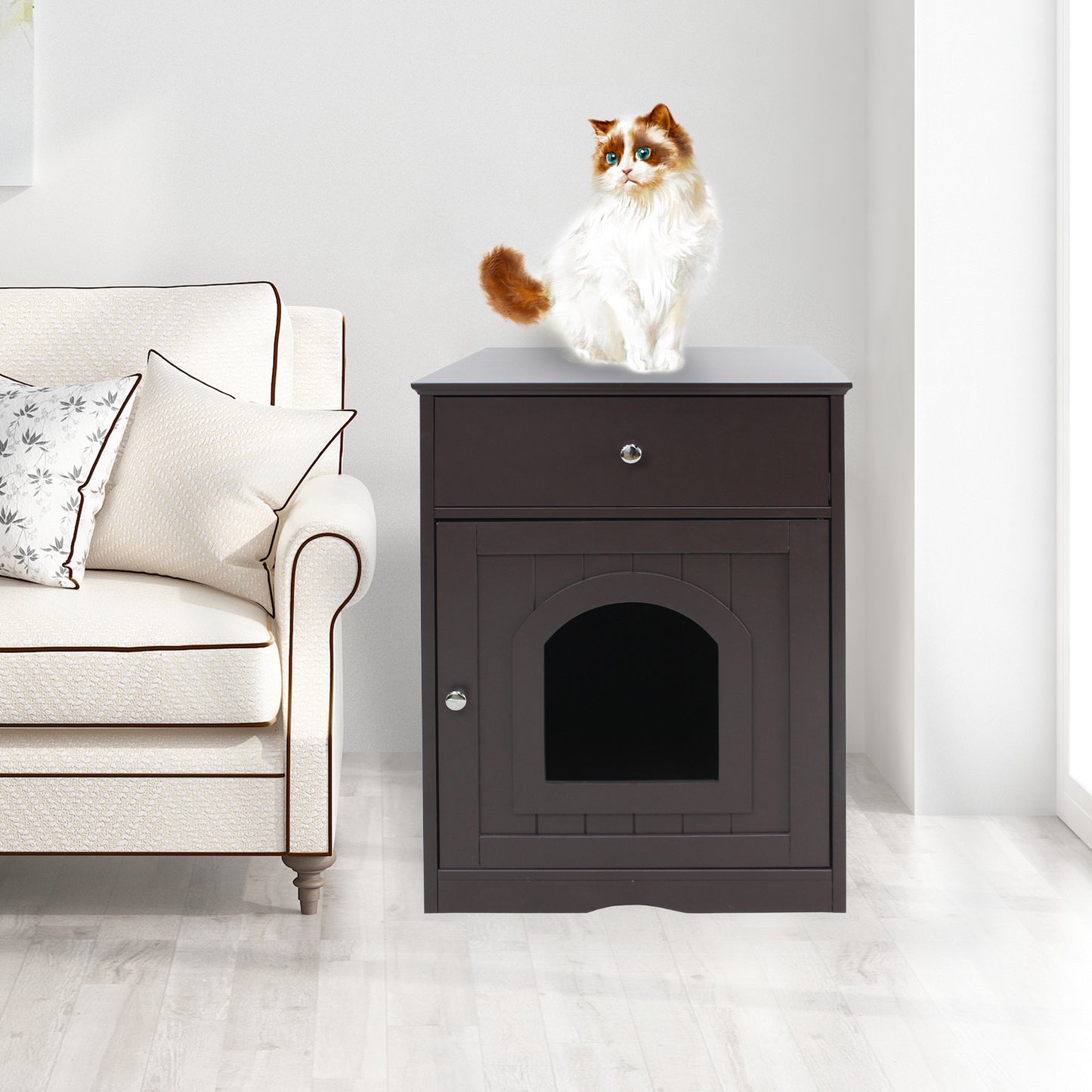 Dark brown wooden litter box enclosure with arched doorway and silver knob