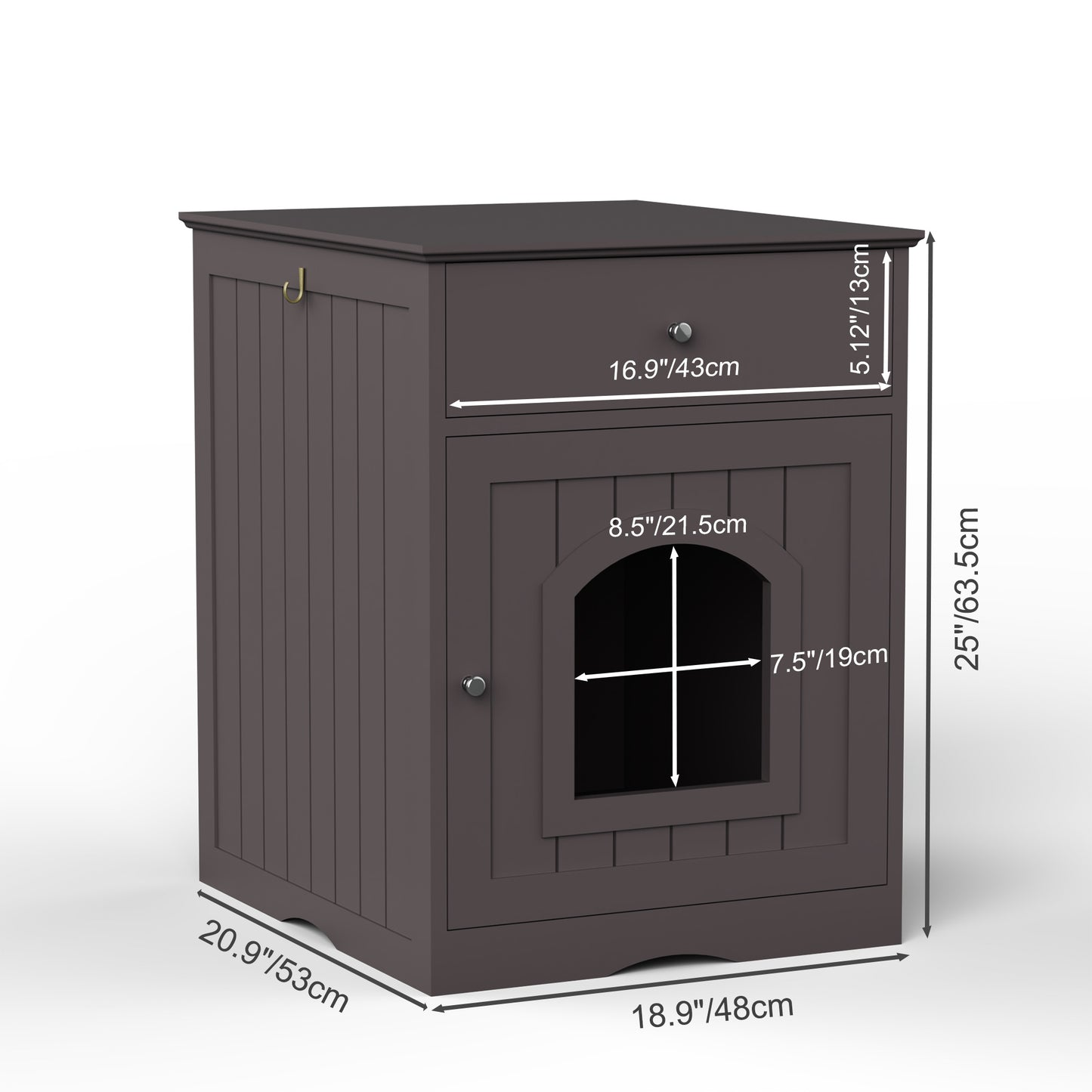 Brown wooden litter box enclosure with a drawer and arched door