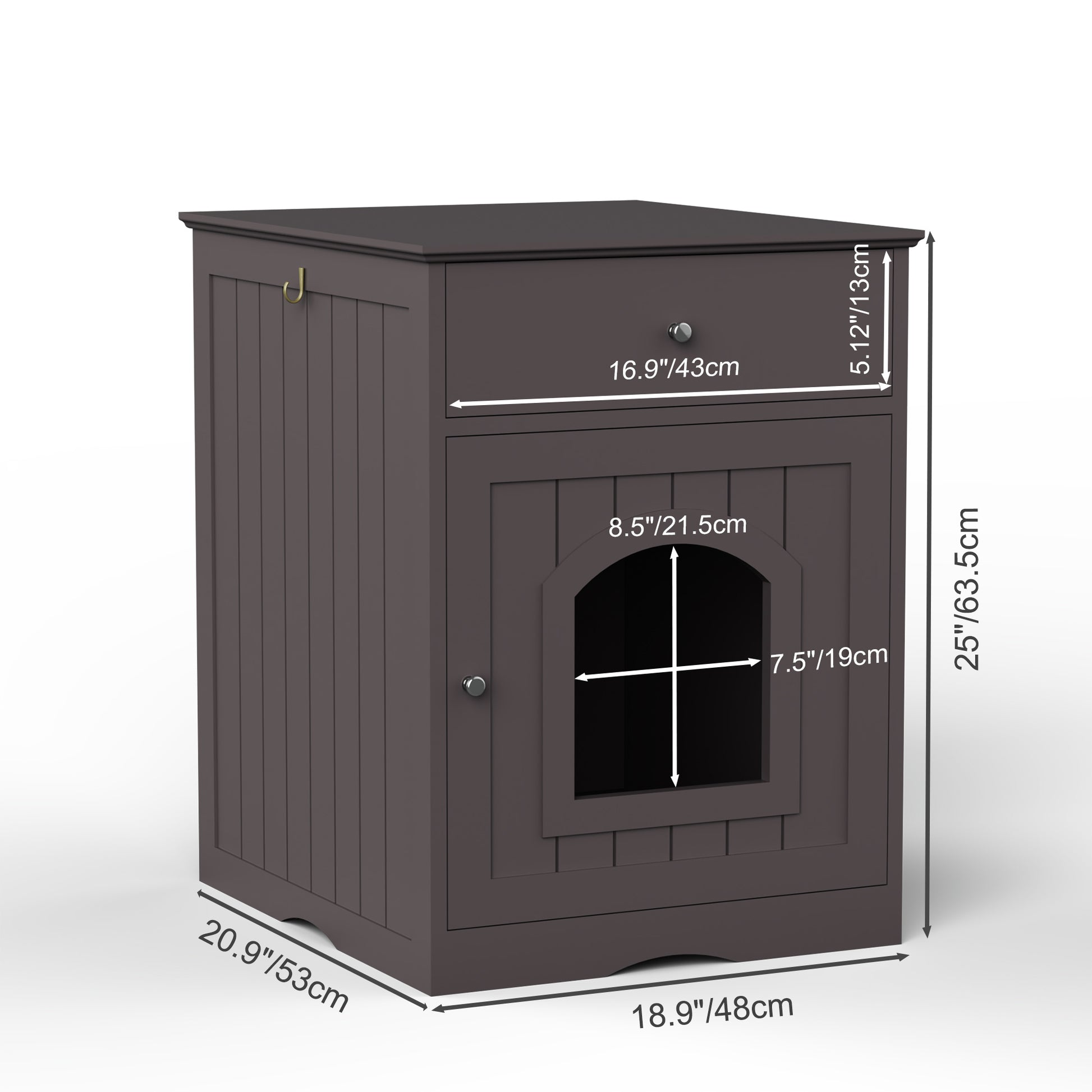 Brown wooden litter box enclosure with a drawer and arched door