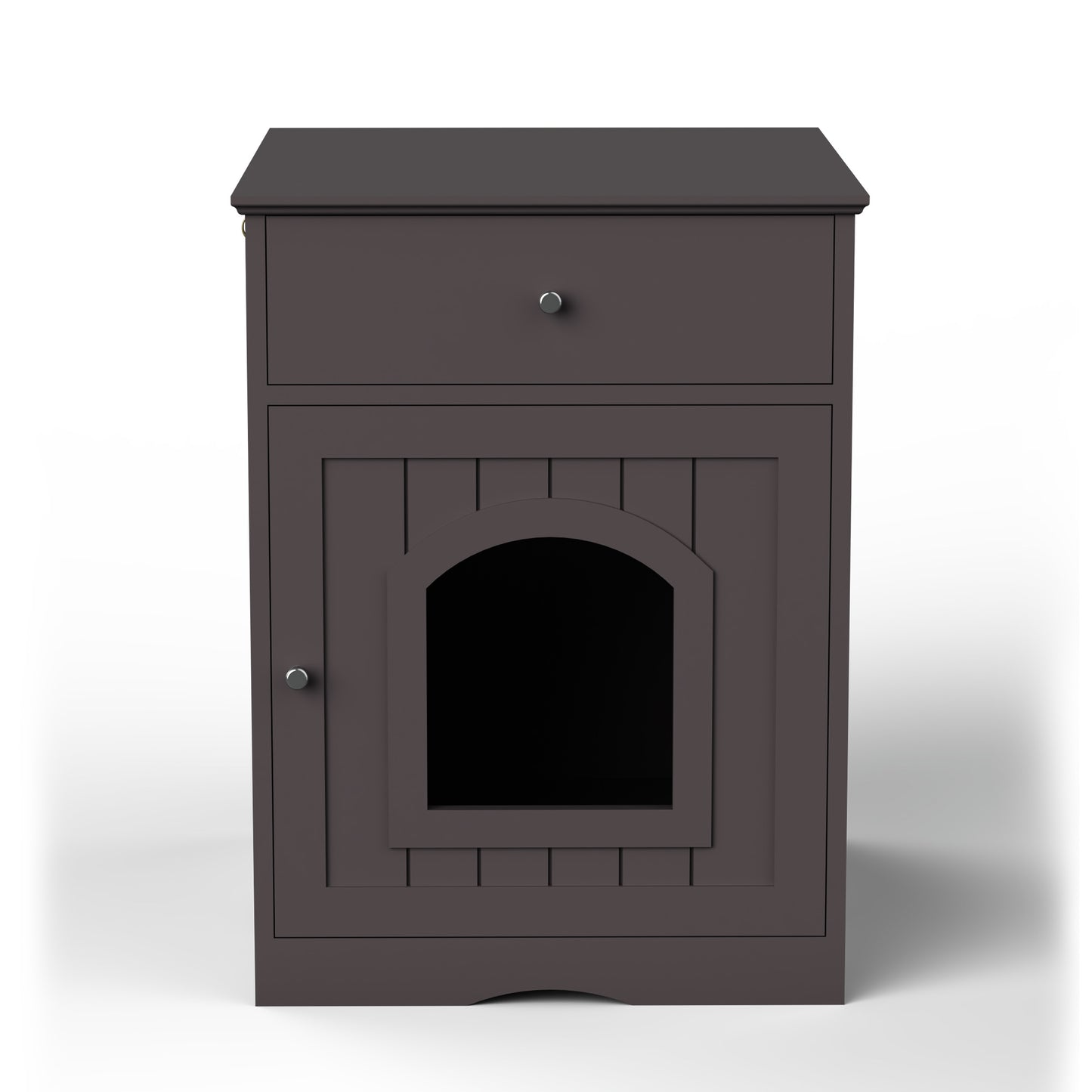 Dark brown wooden nightstand with drawer and arched door for cat litter box