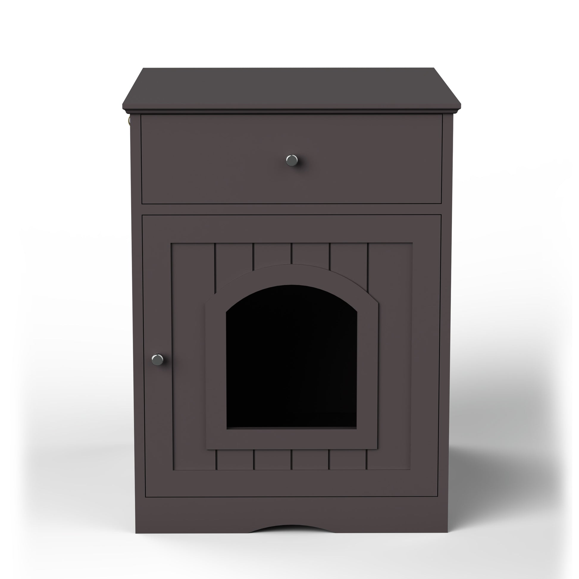 Dark brown wooden nightstand with drawer and arched door for cat litter box