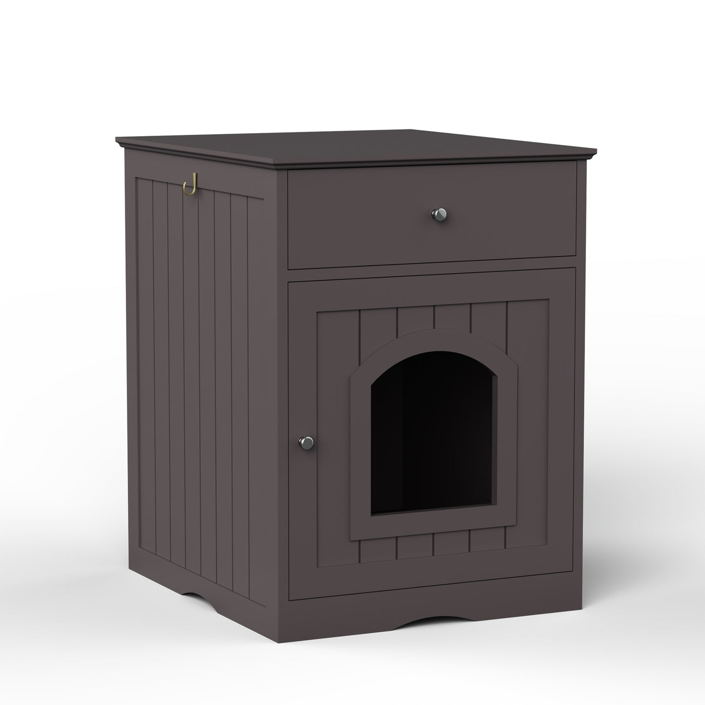Dark brown paneled litter box enclosure with arched doorway and top drawer