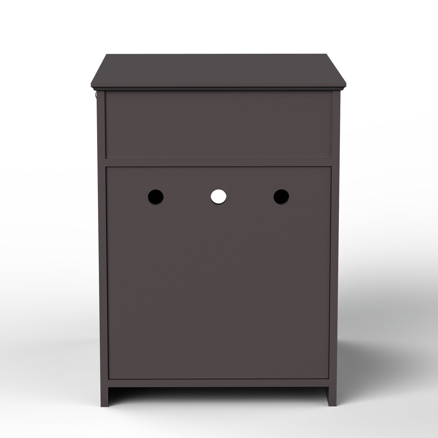 Dark brown MDF media console with three cable management cutouts and a hinged door
