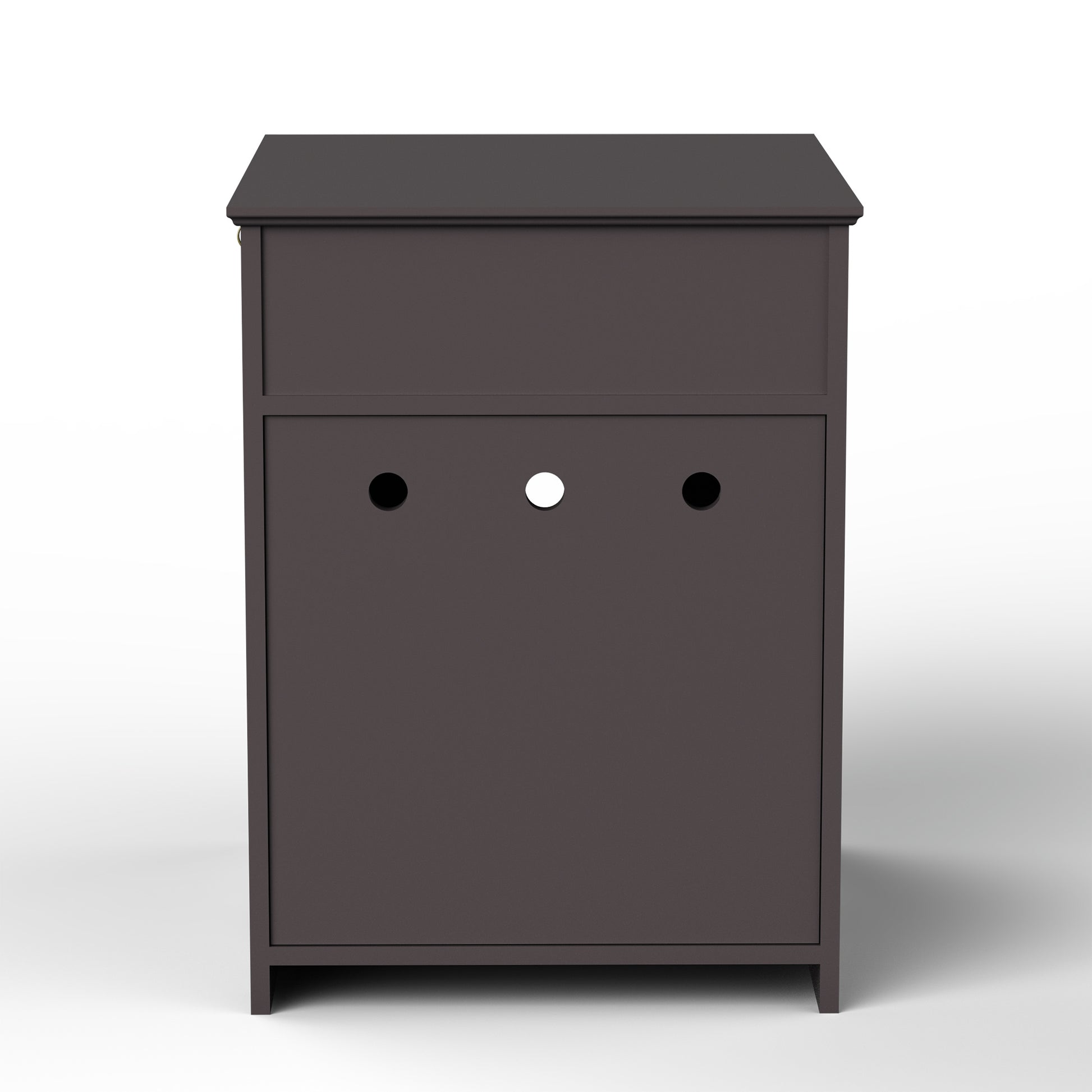 Dark brown MDF media console with three cable management cutouts and a hinged door