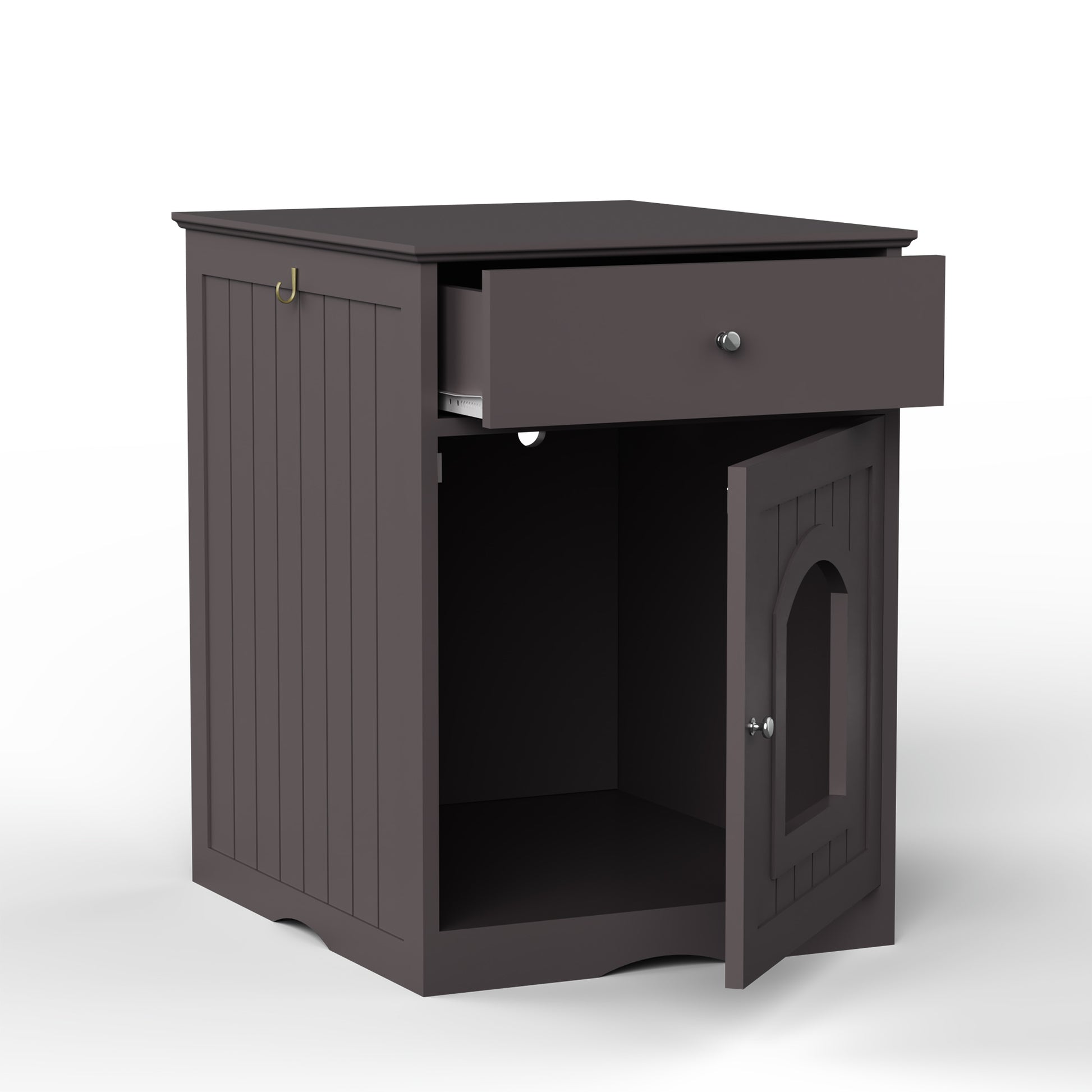 Dark brown wooden nightstand with one open drawer and one open door