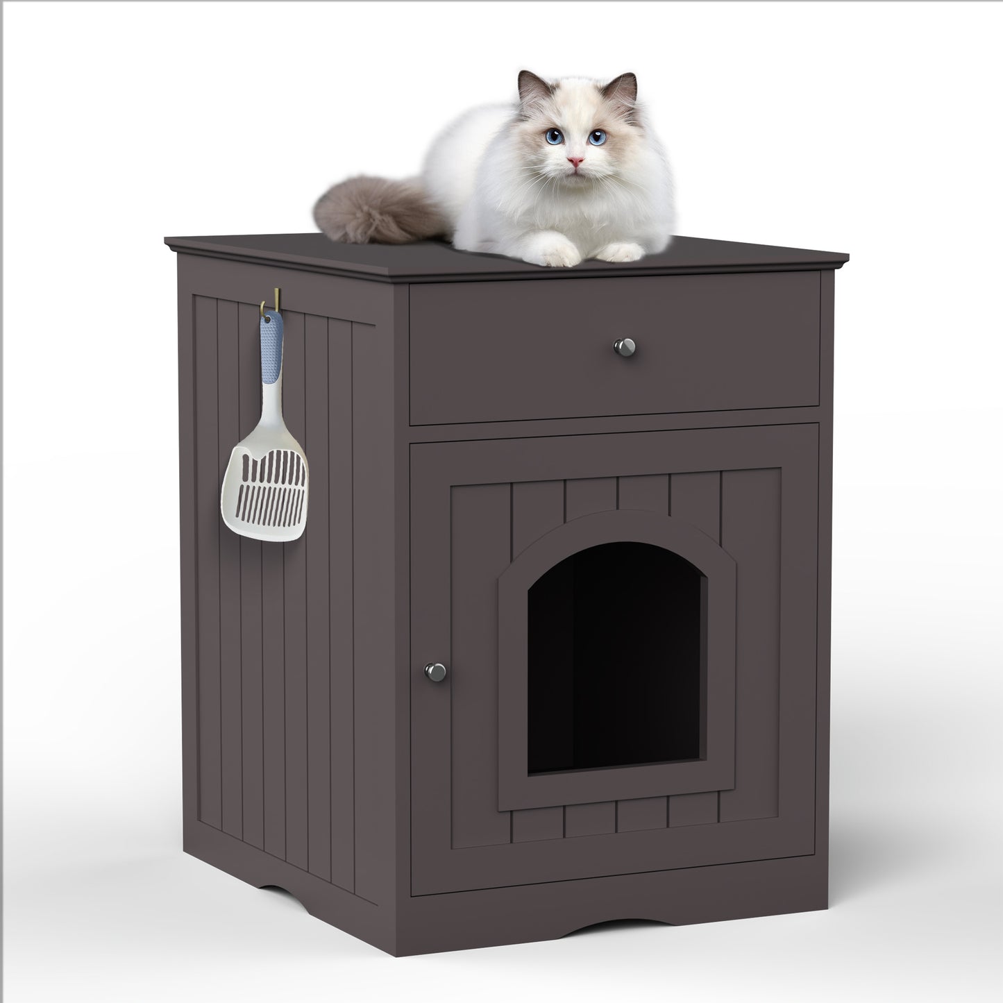 Dark brown wooden litter box enclosure with a drawer and arched doorway featuring a white litter scoop