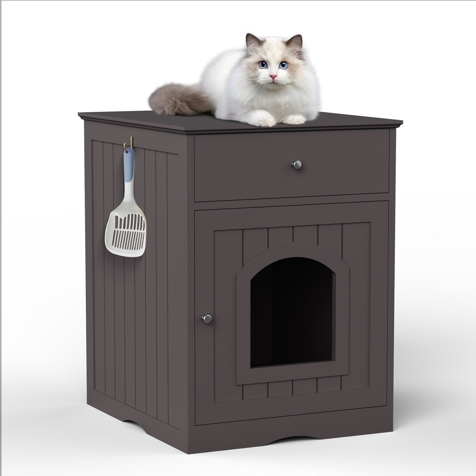 Dark brown wooden litter box enclosure with a drawer and arched doorway featuring a white litter scoop