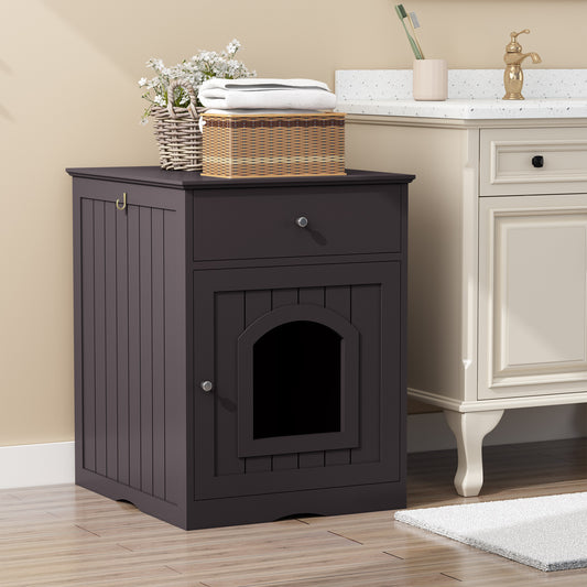 Dark brown wooden litter box enclosure with arched doorway and a single drawer