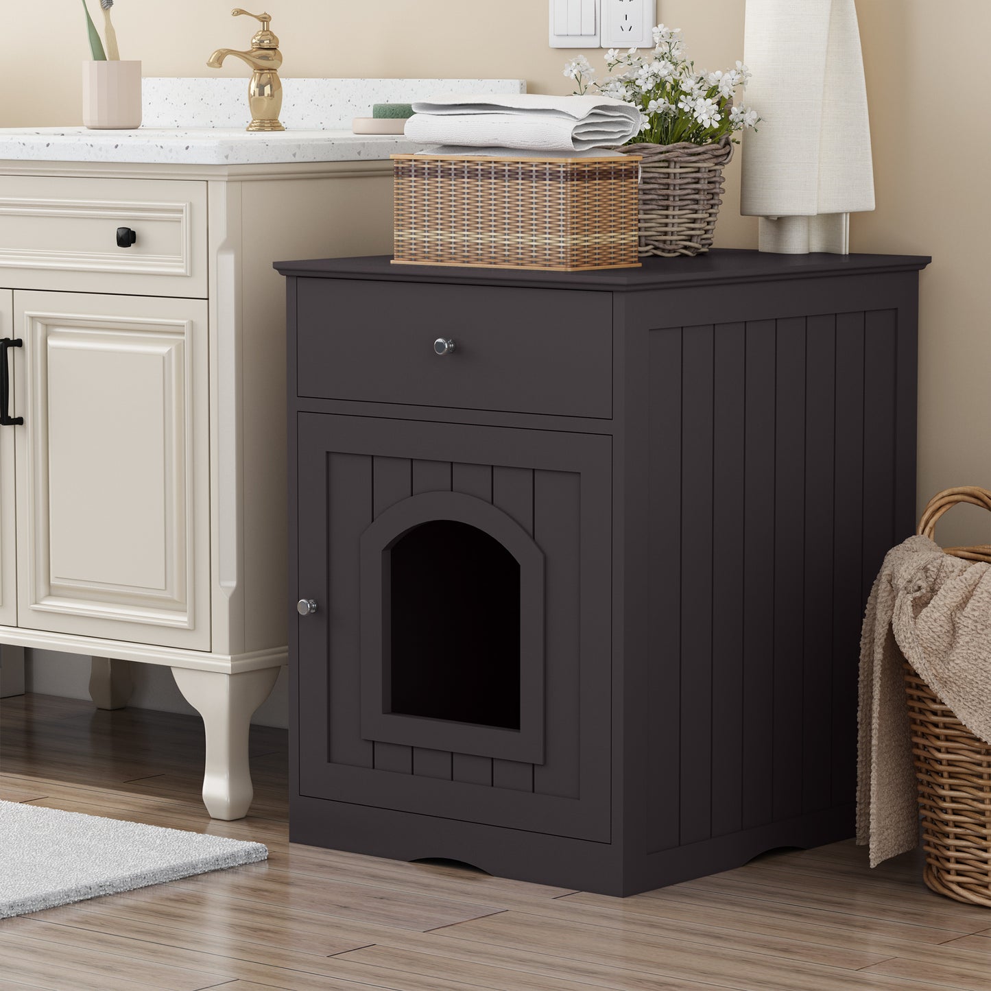 Dark gray wood cat litter box enclosure with arched doorway and single drawer
