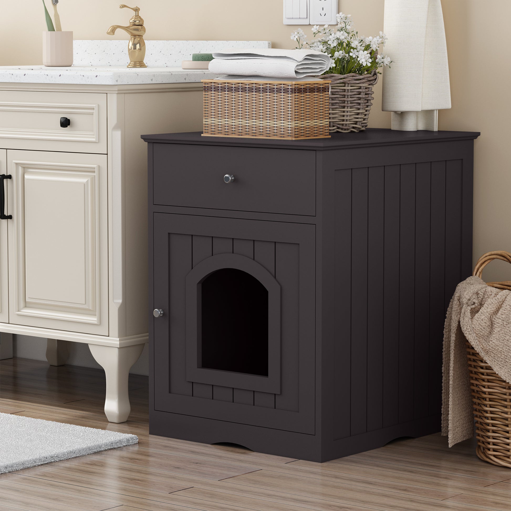 Dark gray wood cat litter box enclosure with arched doorway and single drawer