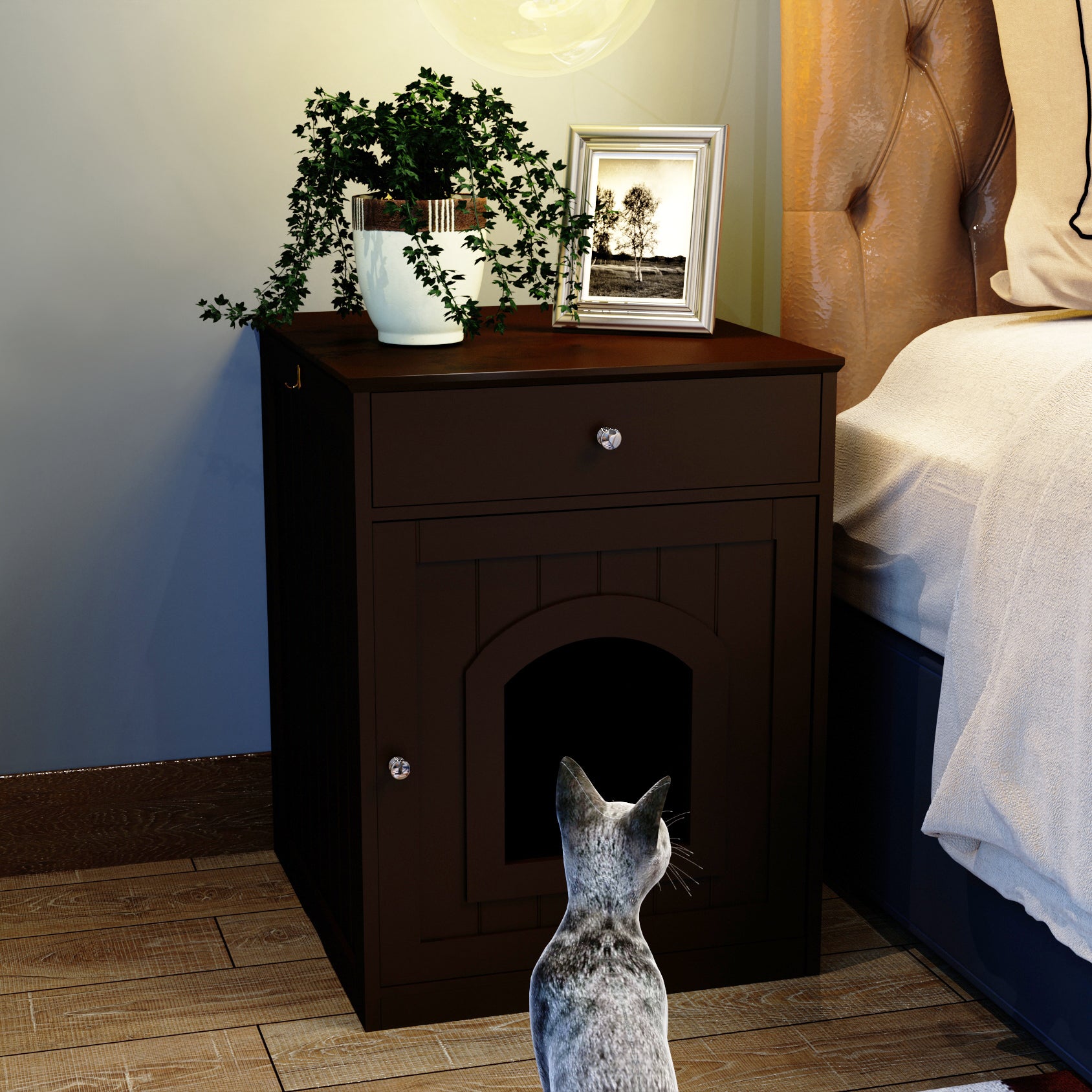 Elegant dark wood end table with hidden cat litter box enclosure a modern furniture solution