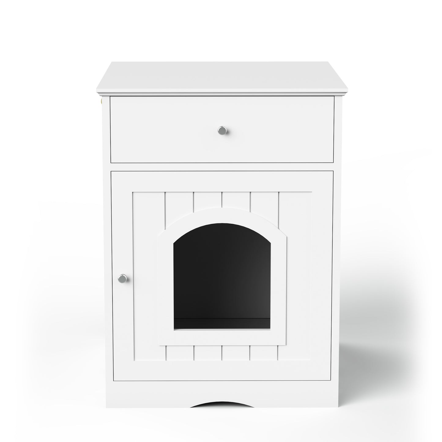 White wooden cat litter box enclosure with drawer