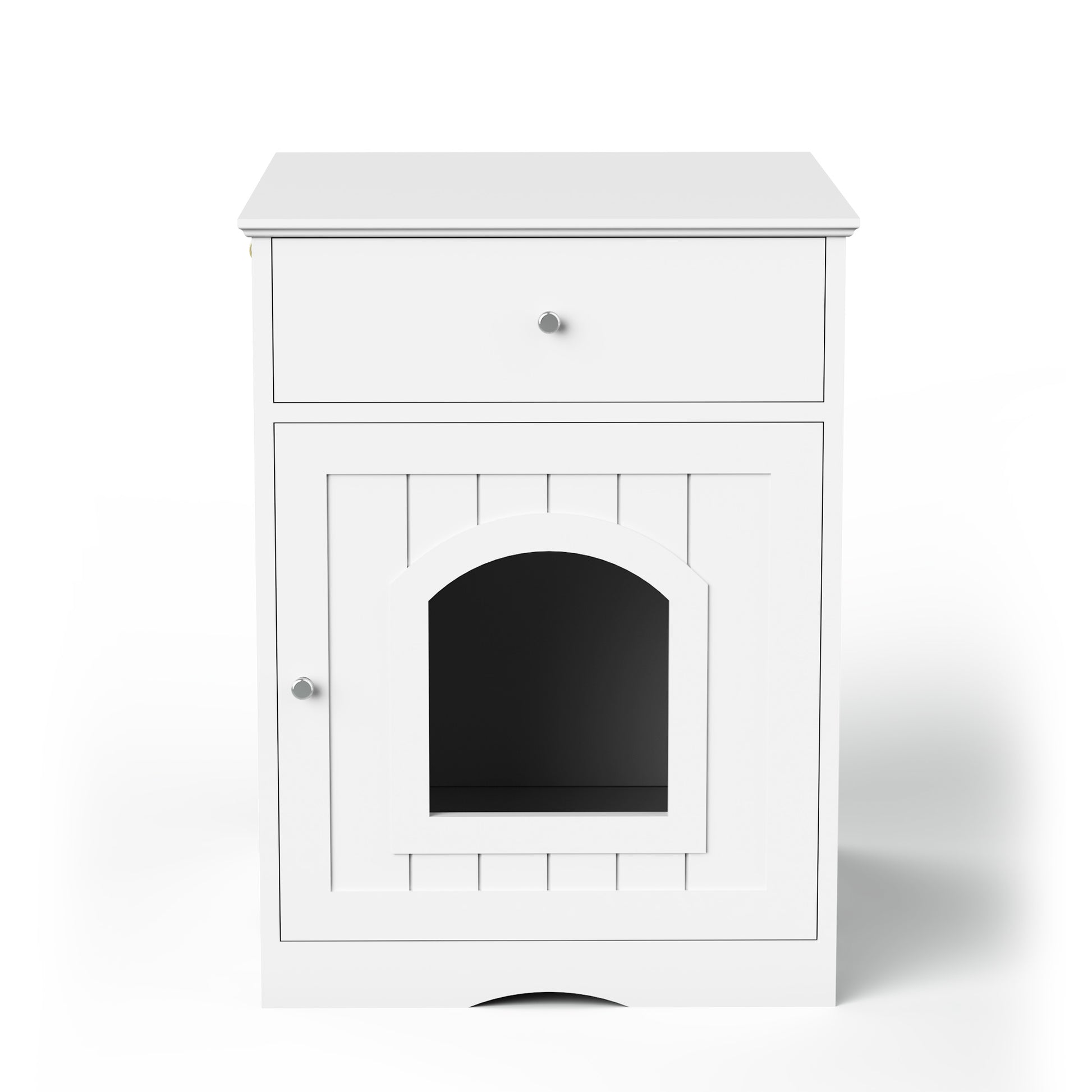 White wooden cat litter box enclosure with drawer