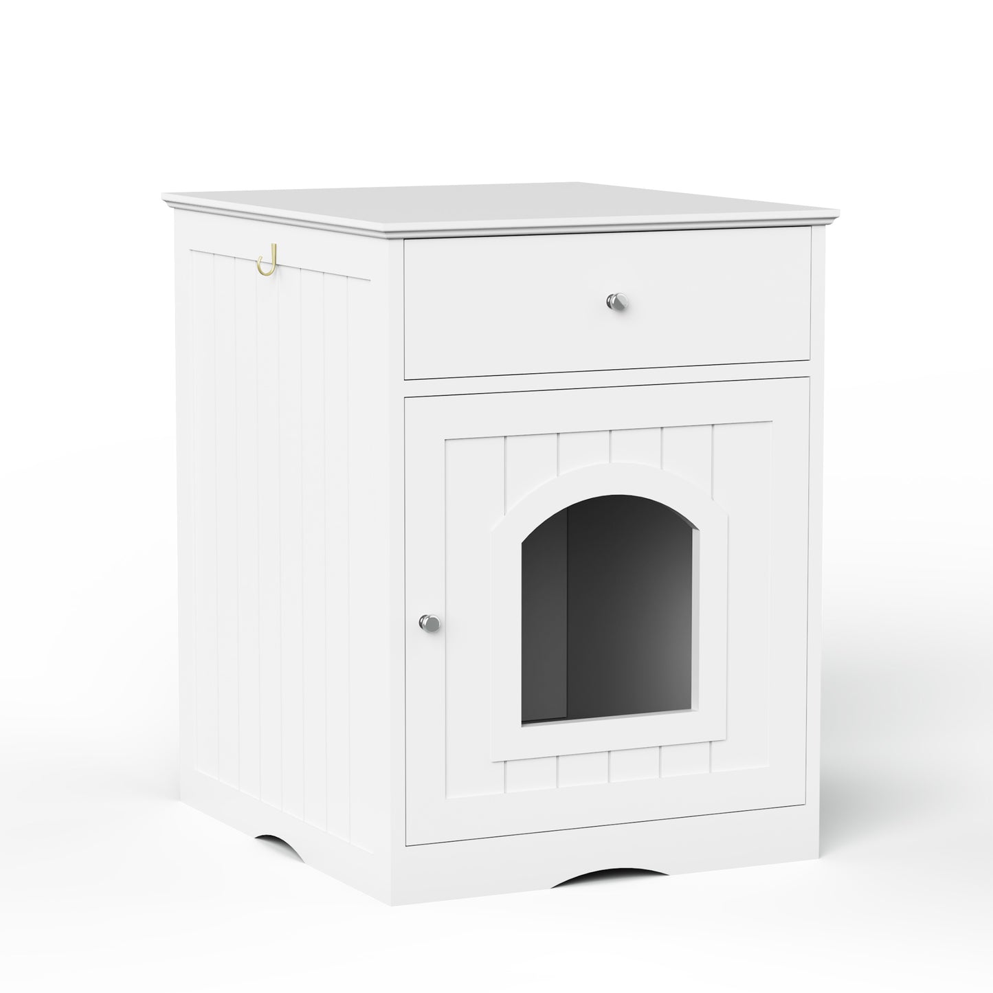 White wooden cat litter box enclosure with arched doorway and drawer
