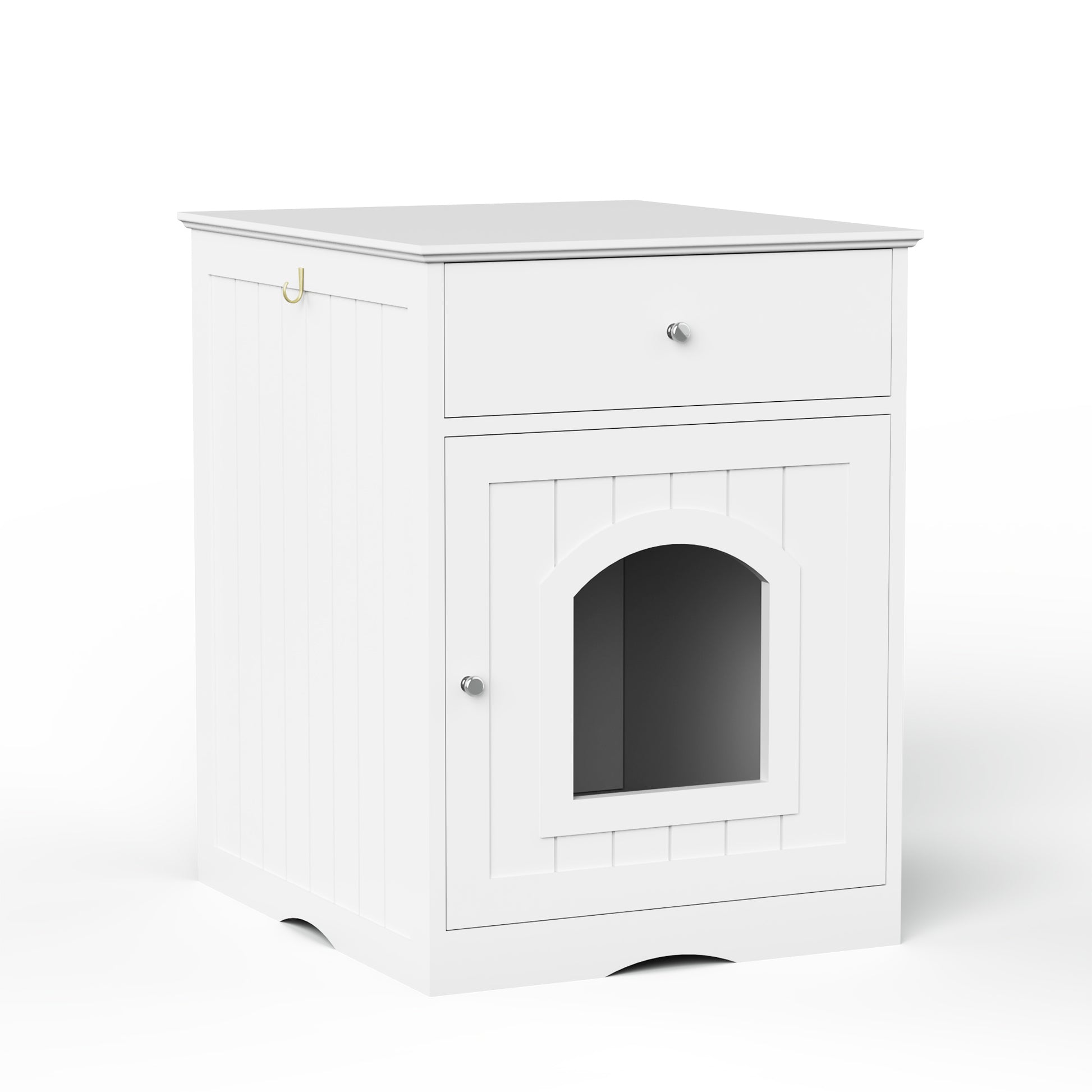 White wooden cat litter box enclosure with arched doorway and drawer