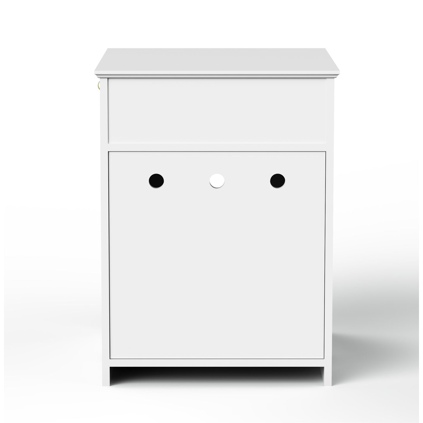 Modern white wood nightstand with three cable management holes on the back panel