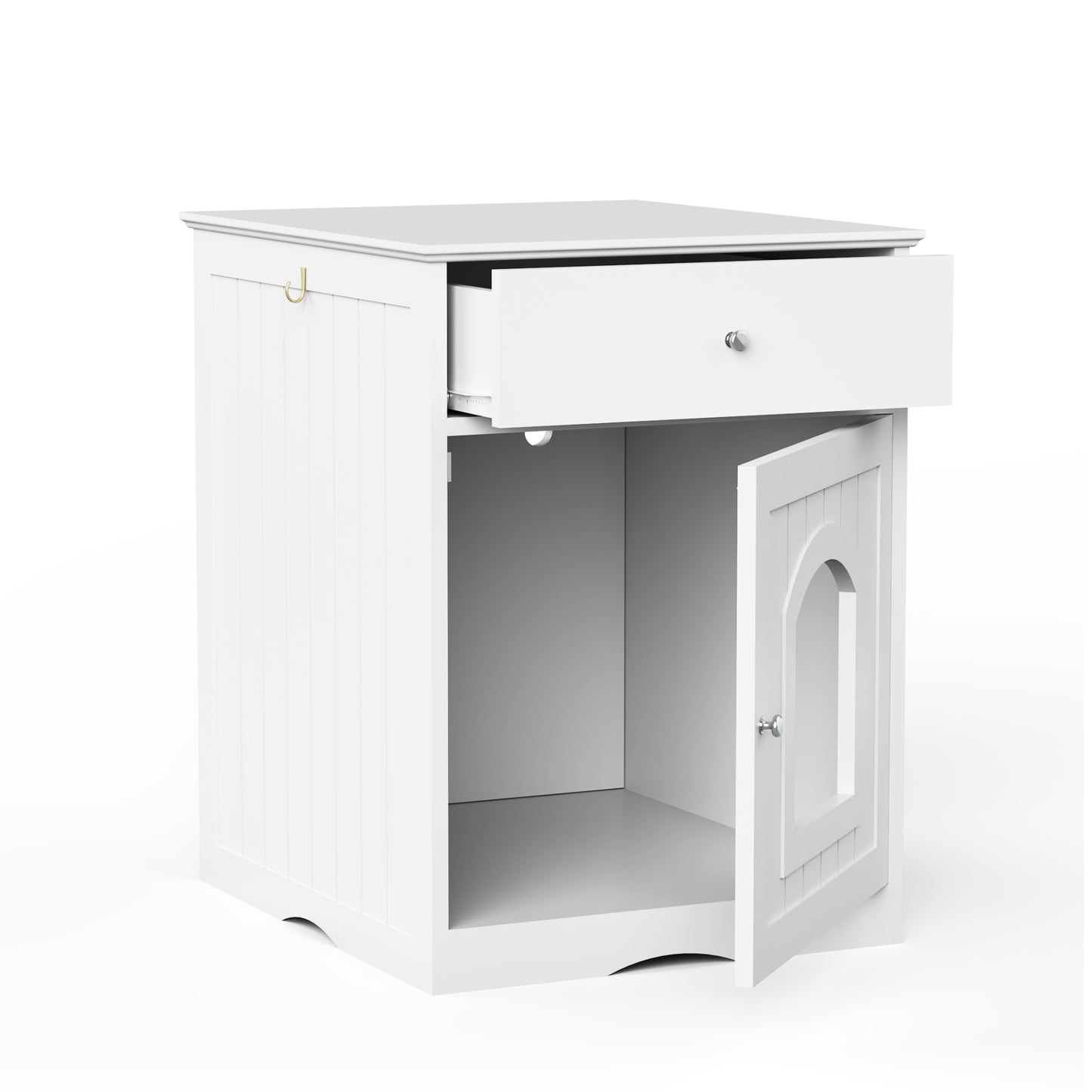 White wooden cabinet with beadboard design open drawer and arched cabinet door