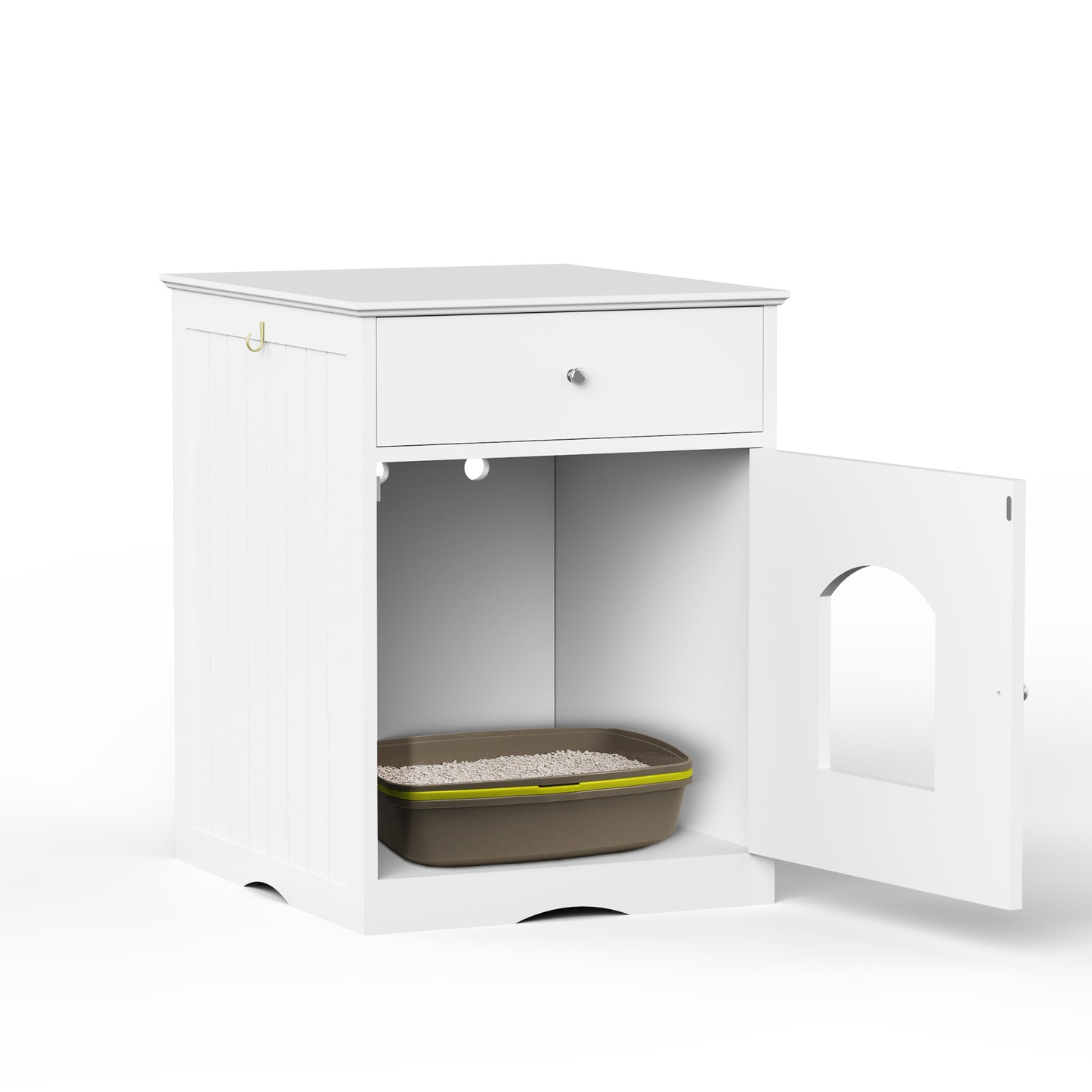 White wooden litter box enclosure with arched doorway and drawer
