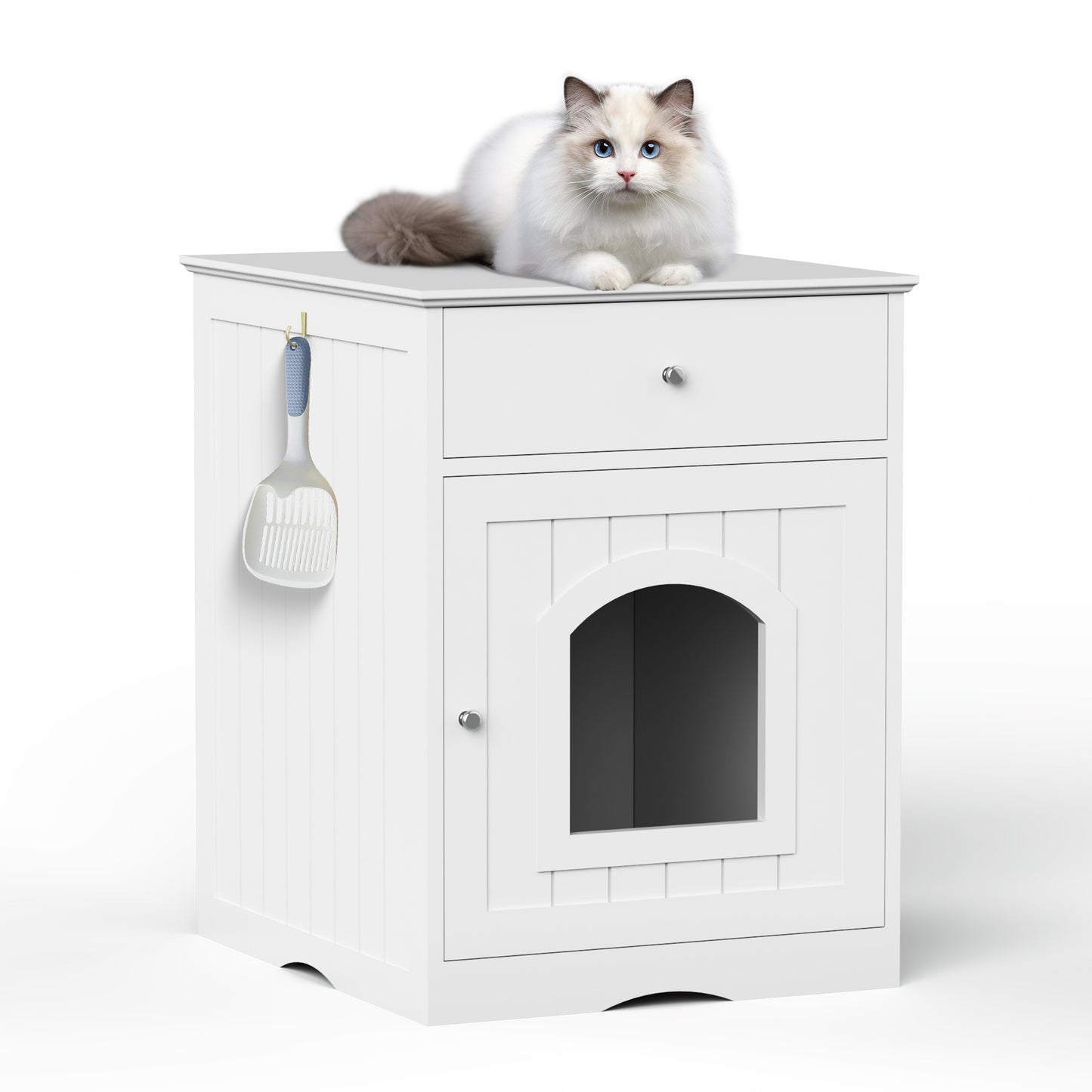 White wooden litter box enclosure with arched doorway and drawer suitable for indoor cats