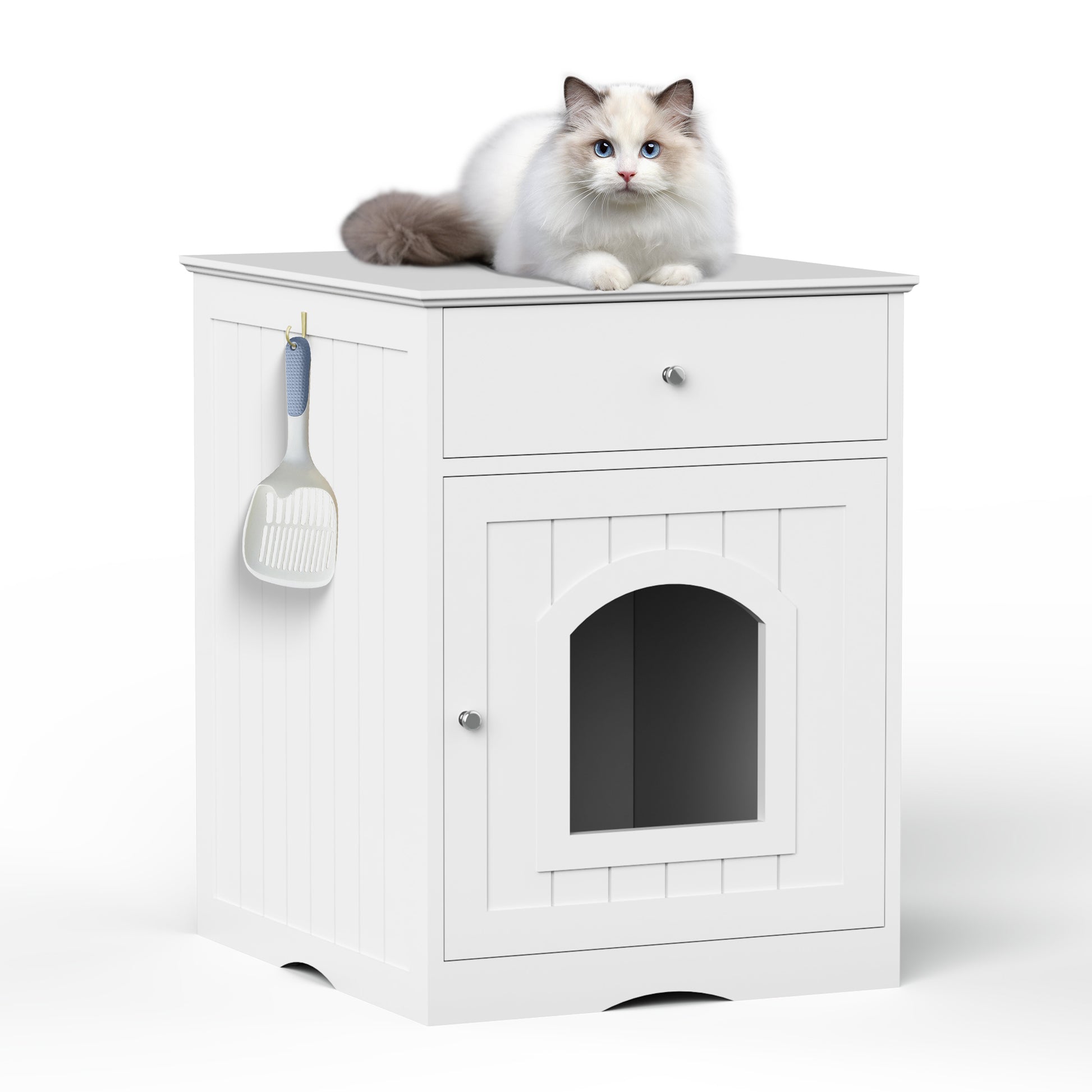 White wooden litter box enclosure with arched doorway and drawer suitable for indoor cats