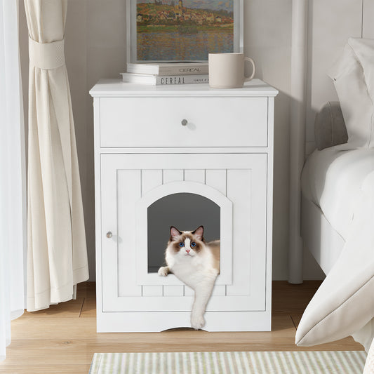 White wooden nightstand with integrated cat house and arched doorway