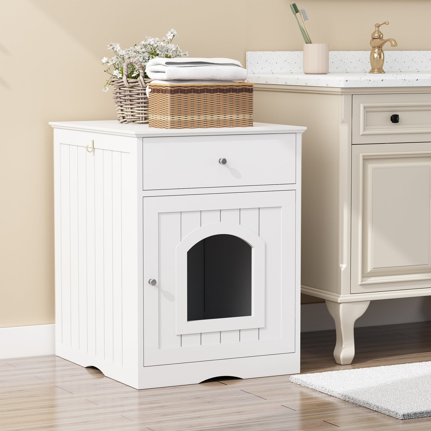 White wooden litter box enclosure with arched door and top drawer
