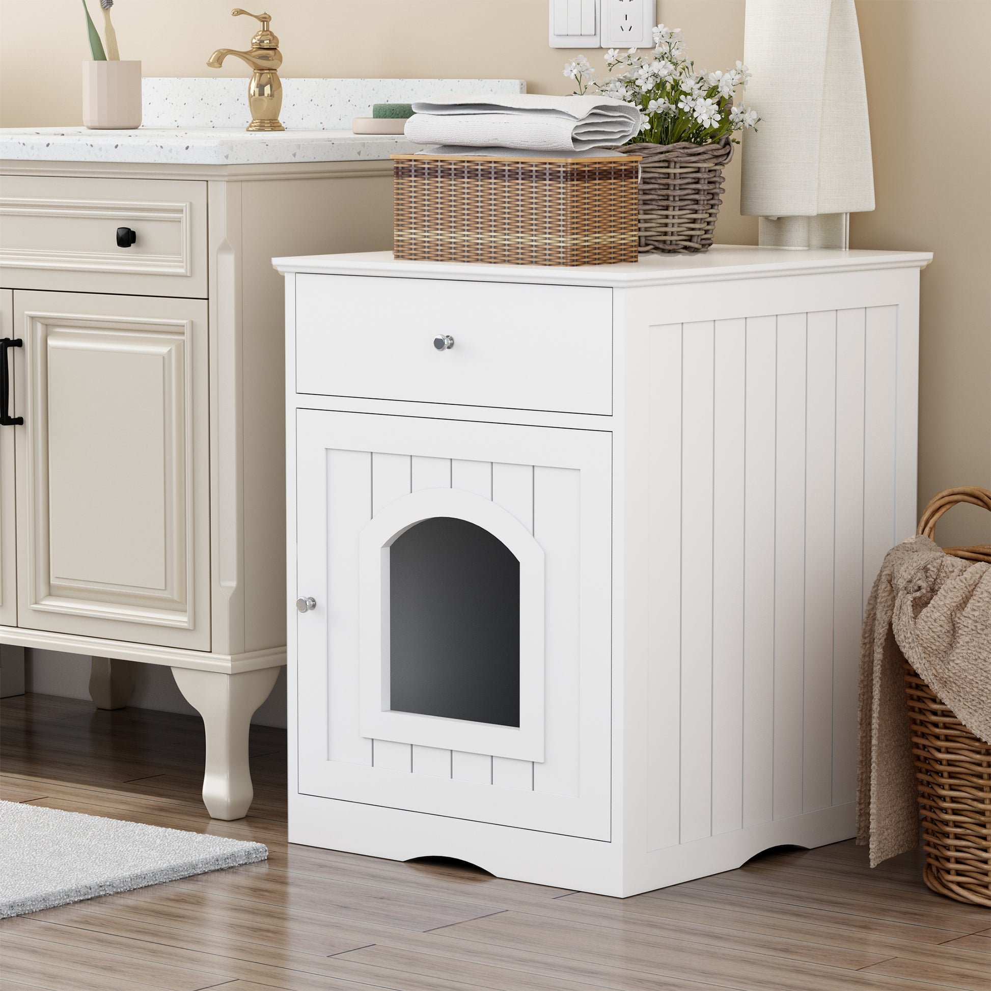 White wooden cat litter box enclosure with arched doorway and drawer