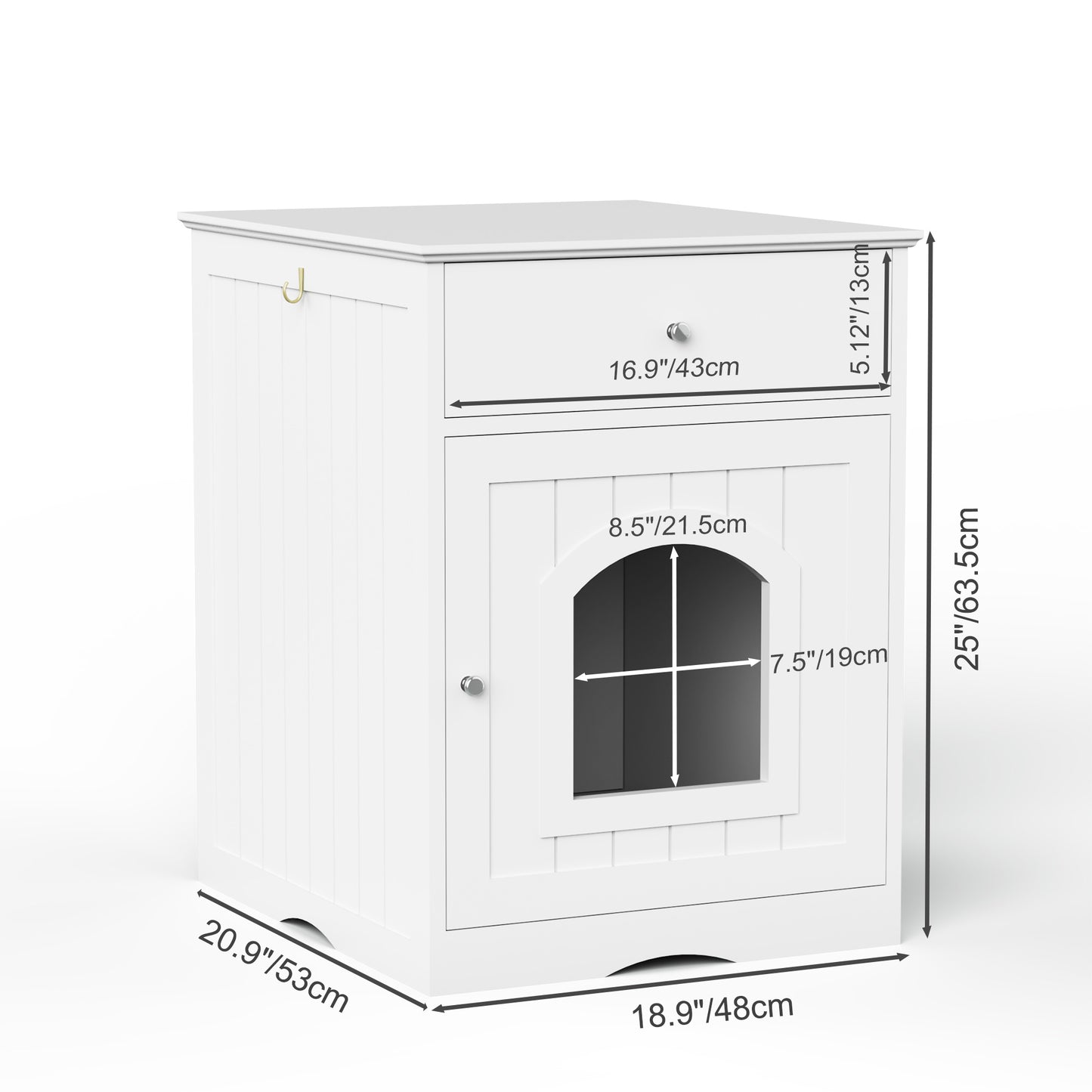 White MDF litter box enclosure with a drawer and arched door for cats