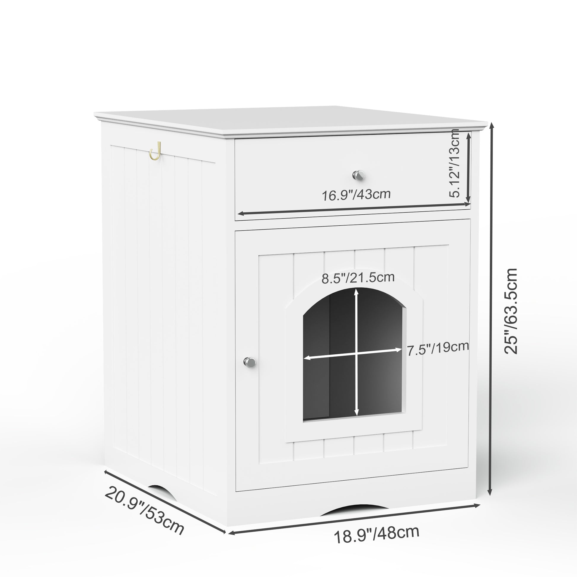 White MDF litter box enclosure with a drawer and arched door for cats
