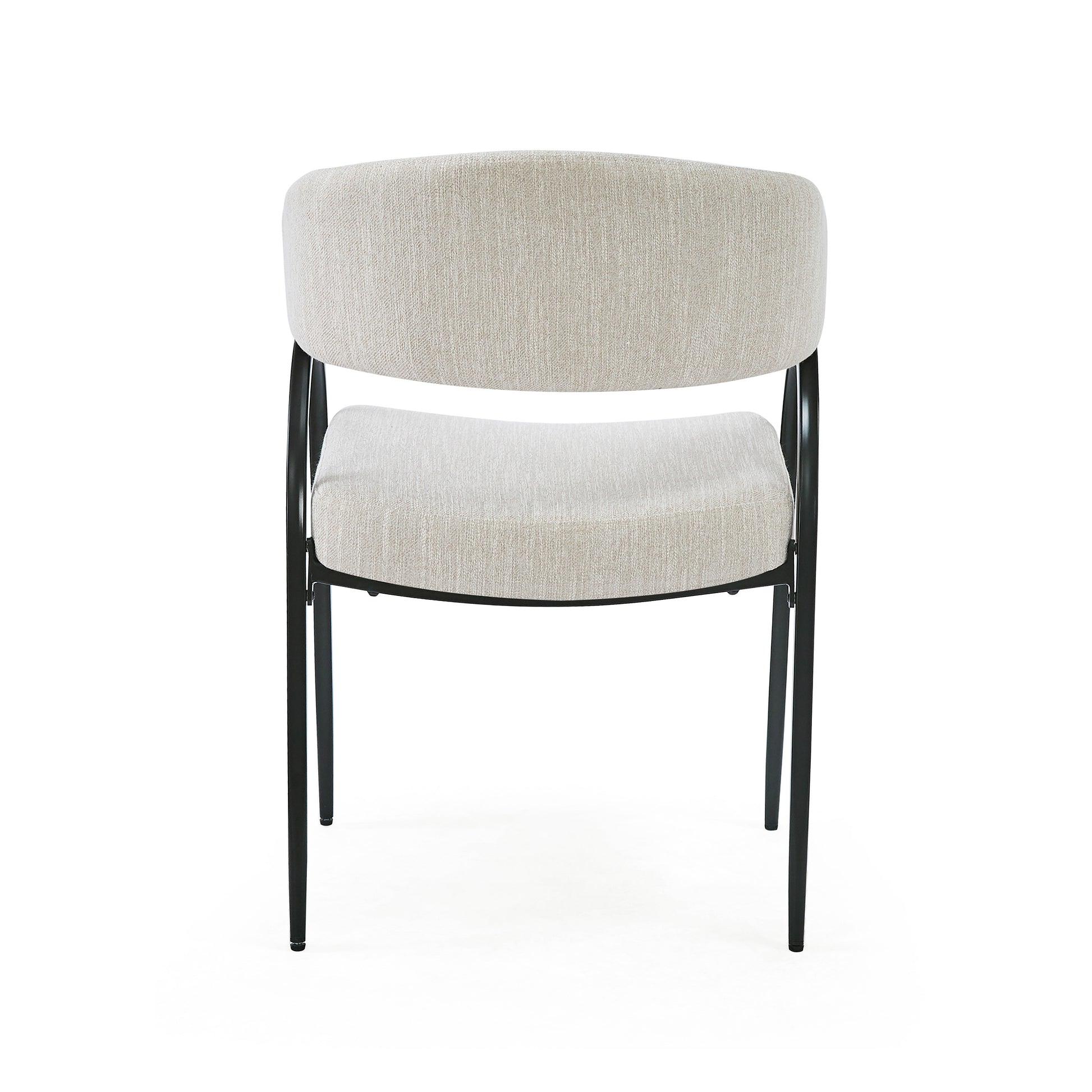 Minimalist beige fabric accent chair with sleek black metal legs