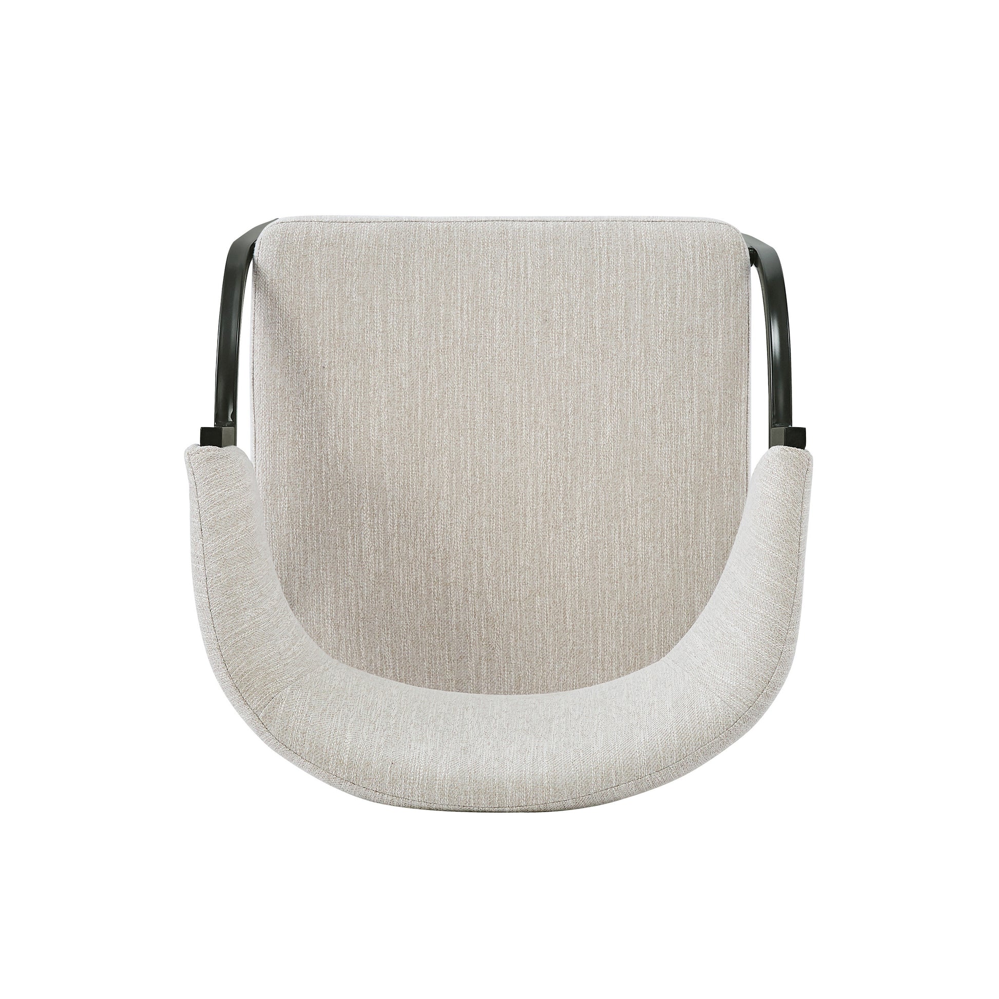 Top view of a beige upholstered modern accent chair with black metal frame