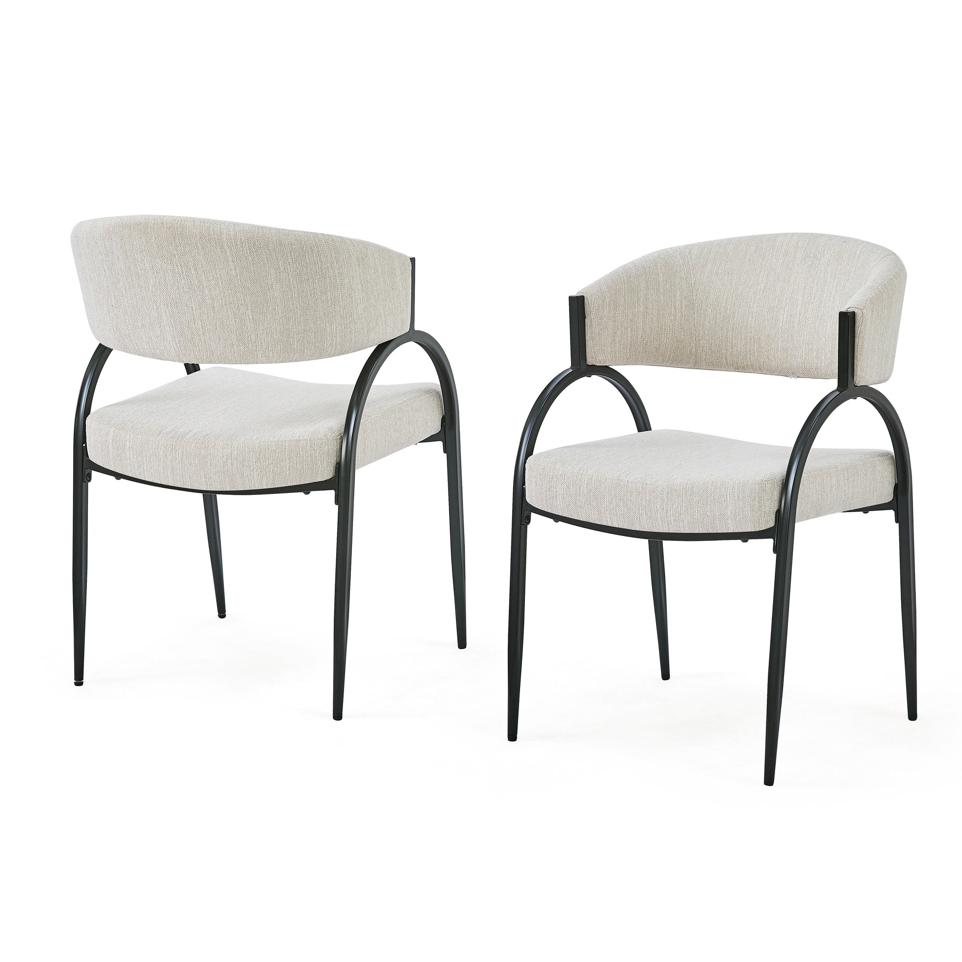 Two modern accent chairs with cream textured upholstery and black metal frames