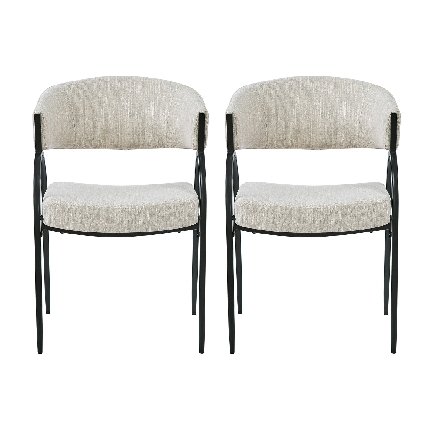 Two neutral linen upholstered dining chairs with black metal legs