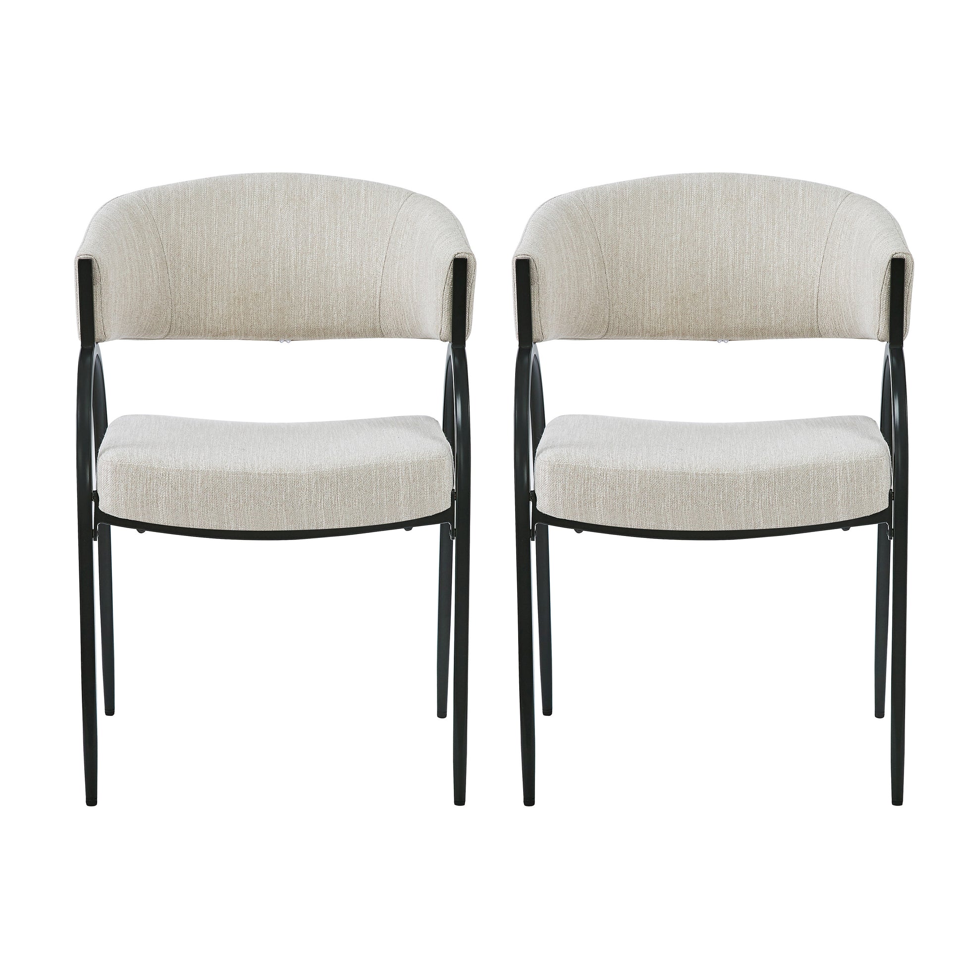 Two neutral linen upholstered dining chairs with black metal legs