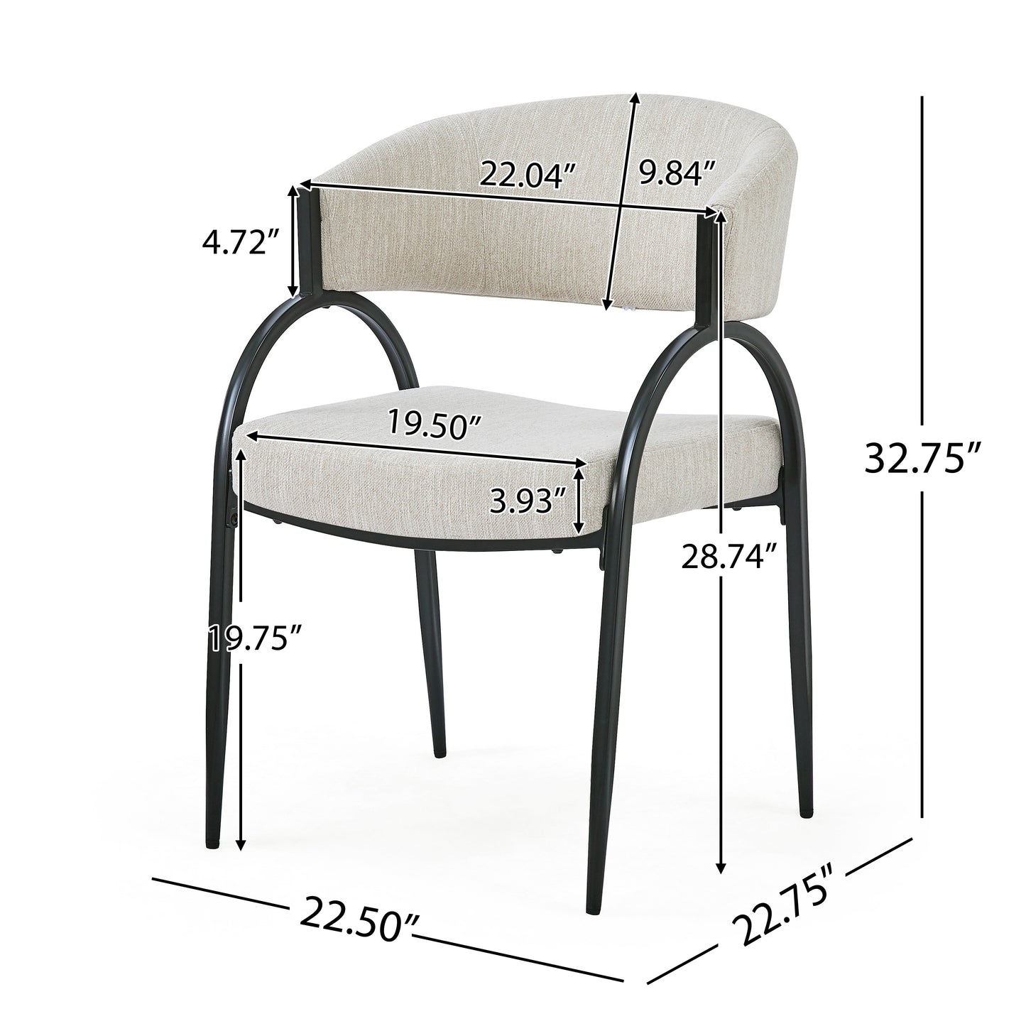 Modern upholstered dining chair with a textured beige fabric seat and back on black metal legs