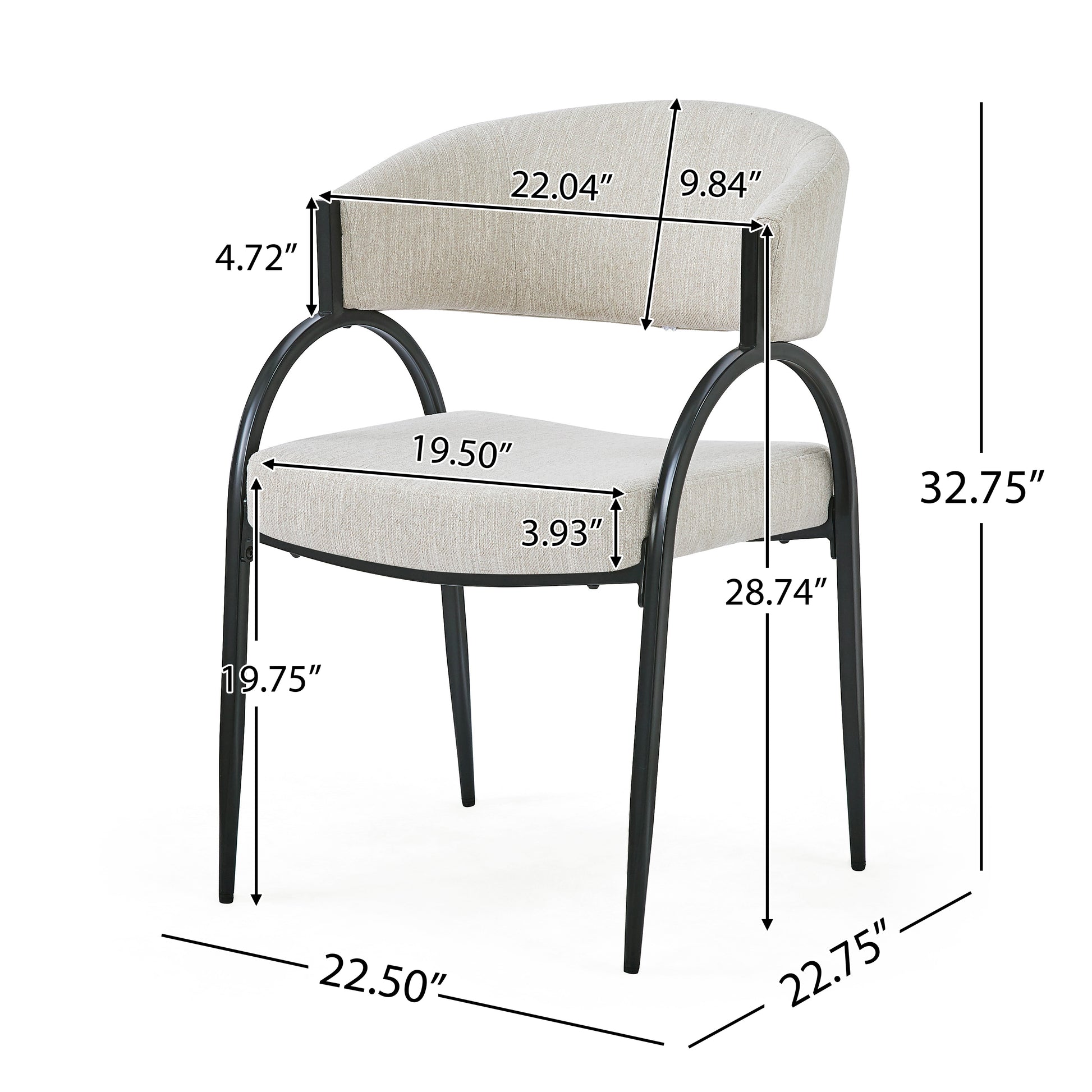 Modern upholstered dining chair with a textured beige fabric seat and back on black metal legs