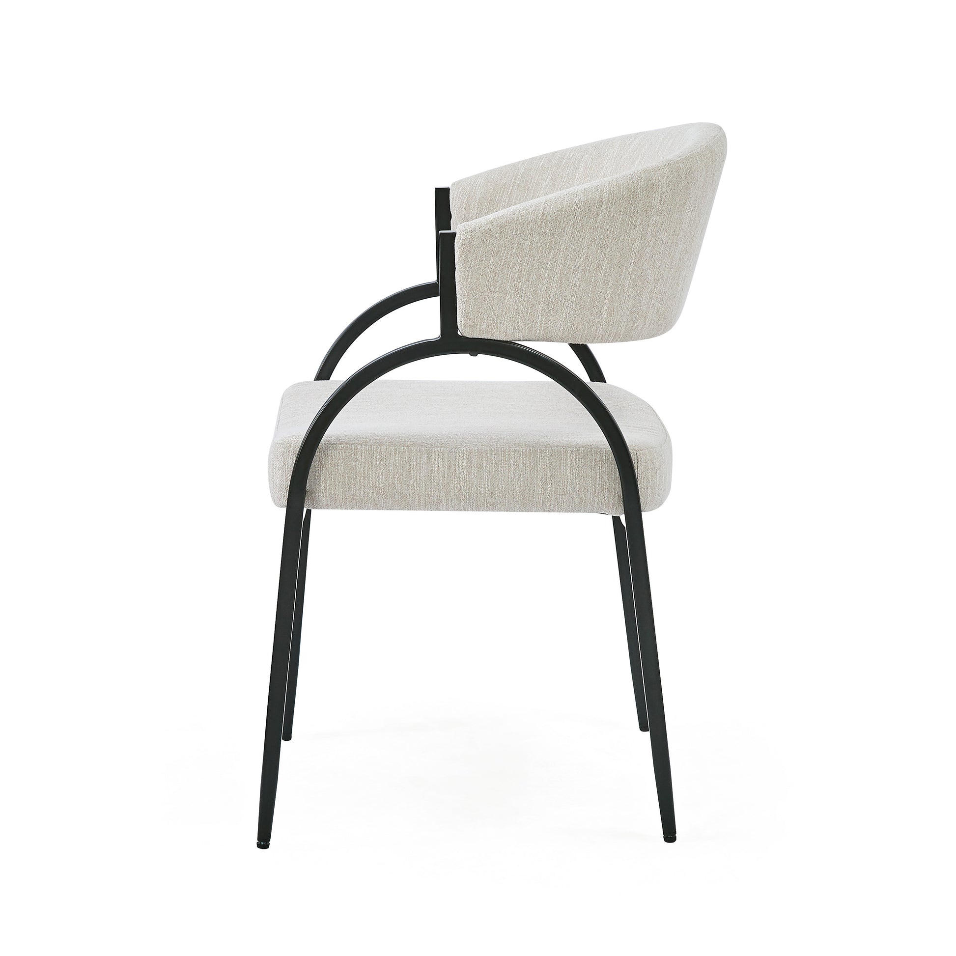 Upholstered dining chair with curved back and black metal frame natural tone fabric