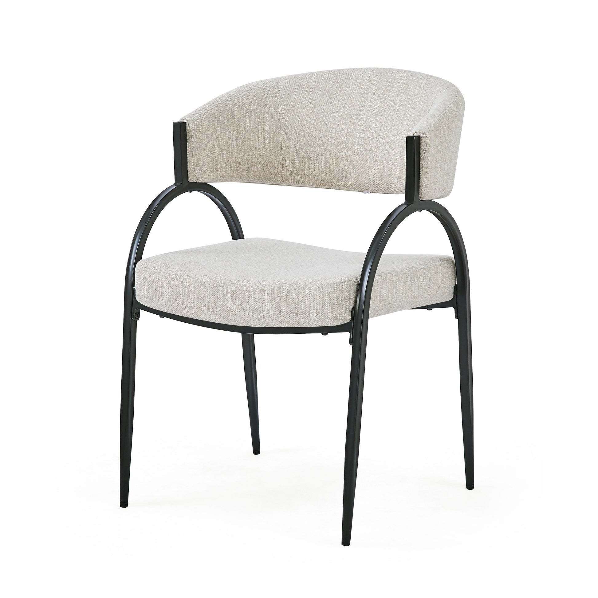 Beige fabric armchair with curved back and black metal frame