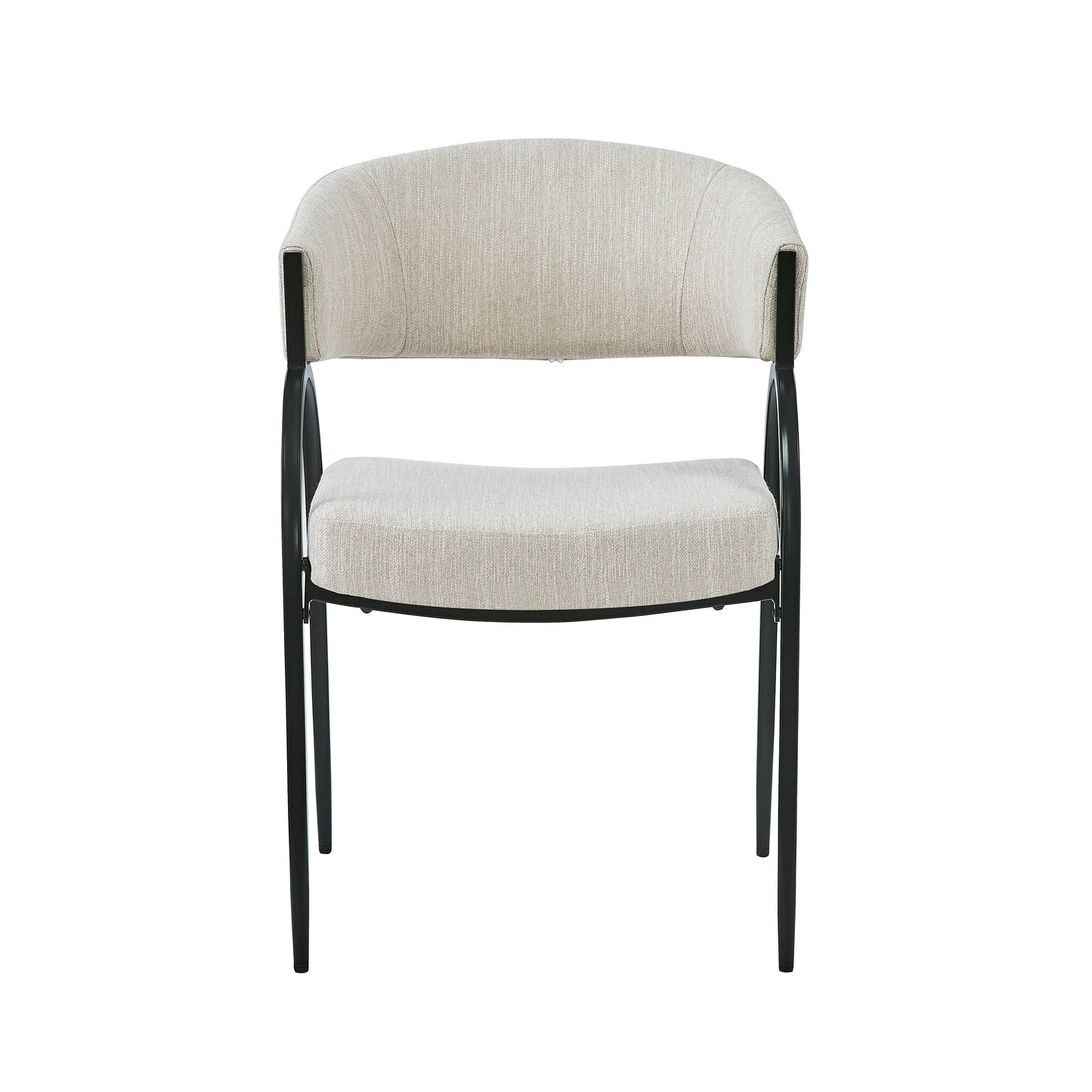 Modern upholstered dining chair with beige fabric and black metal legs for any home