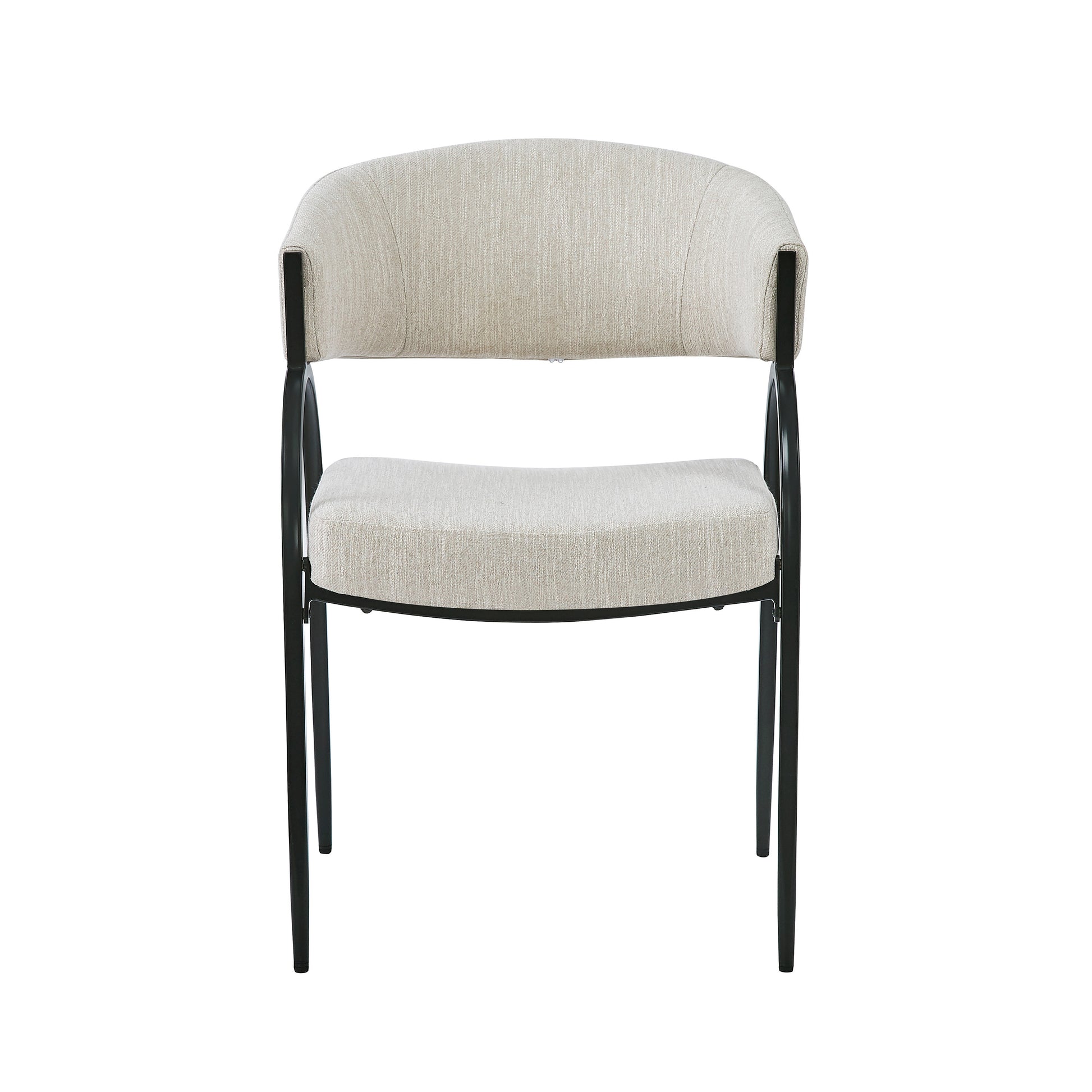 Modern upholstered dining chair with beige fabric and black metal legs for any home
