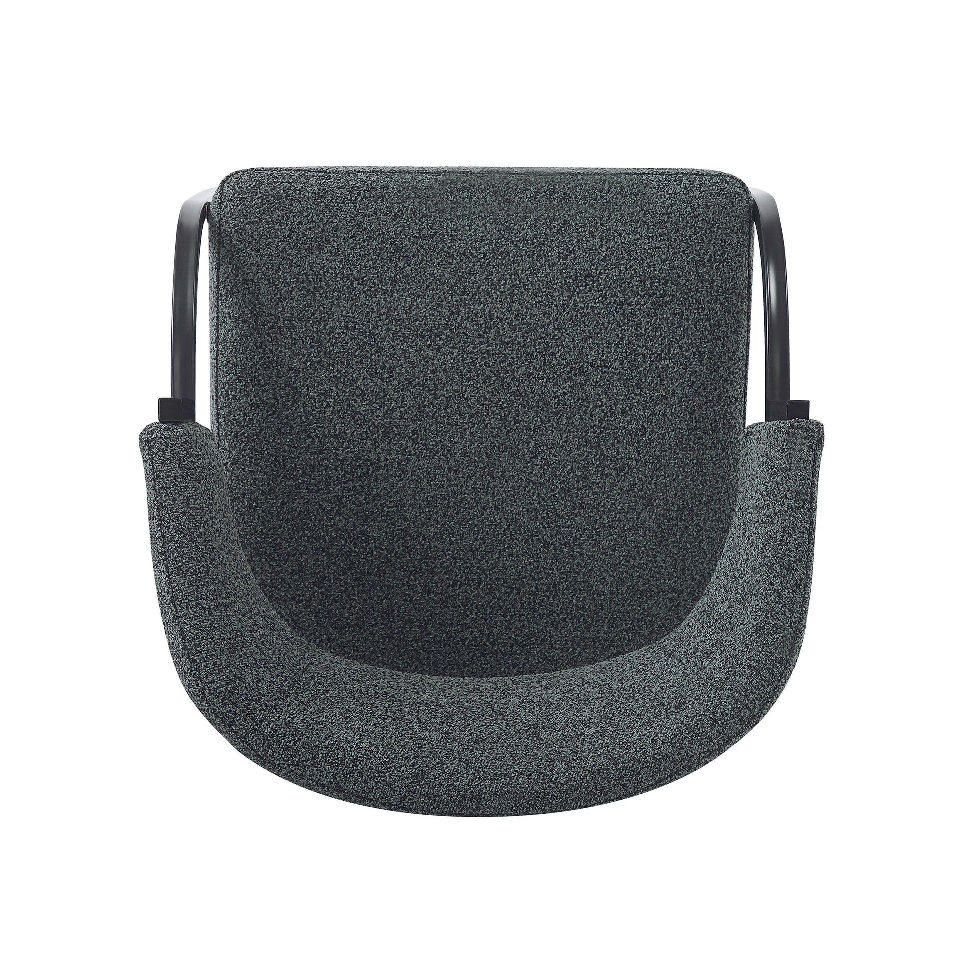 Top view of a modern armchair upholstered in speckled dark gray fabric with black metal arms