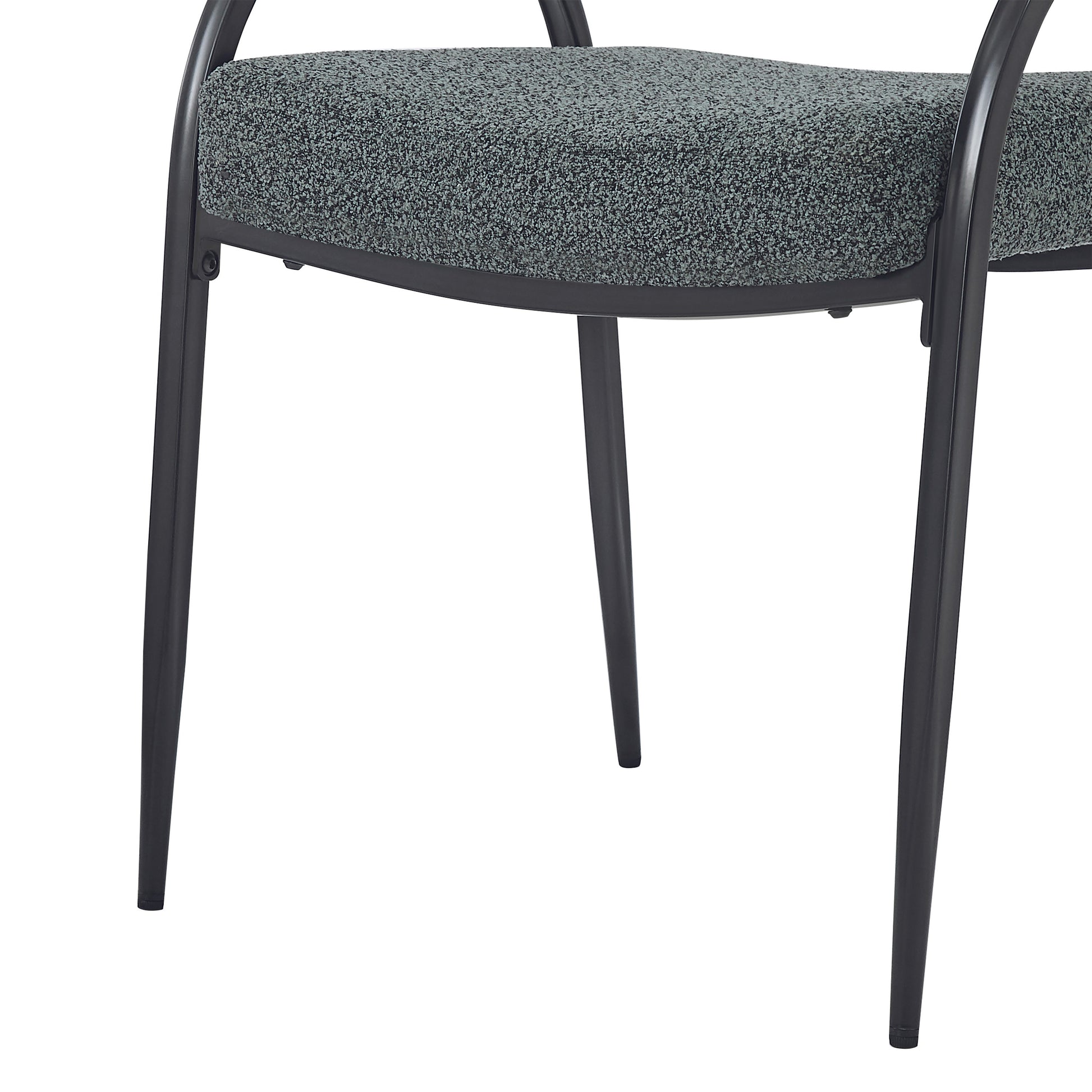 Textured grey fabric seat and backrest on a modern metal frame chair