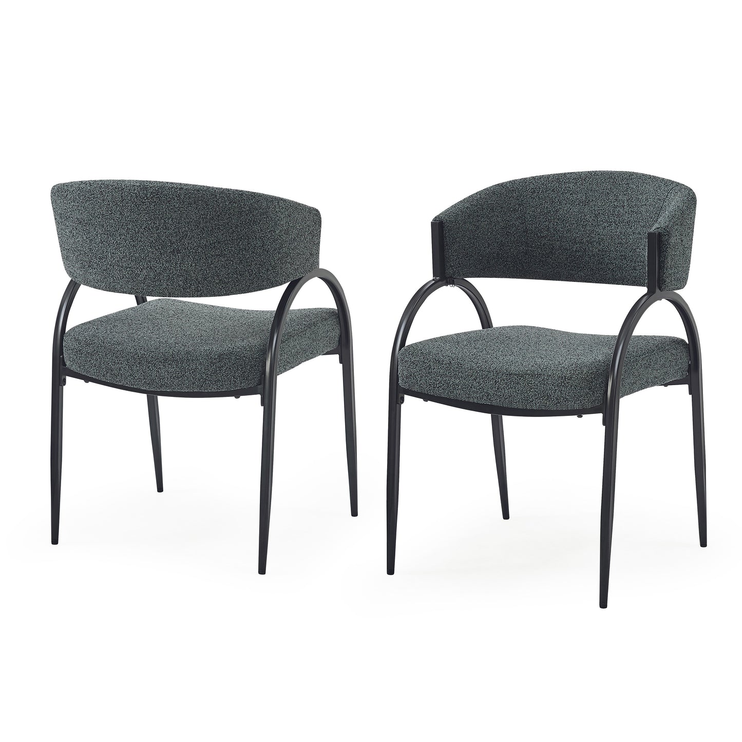 Two dark grey fabric armchairs with black metal legs perfect for modern reception areas
